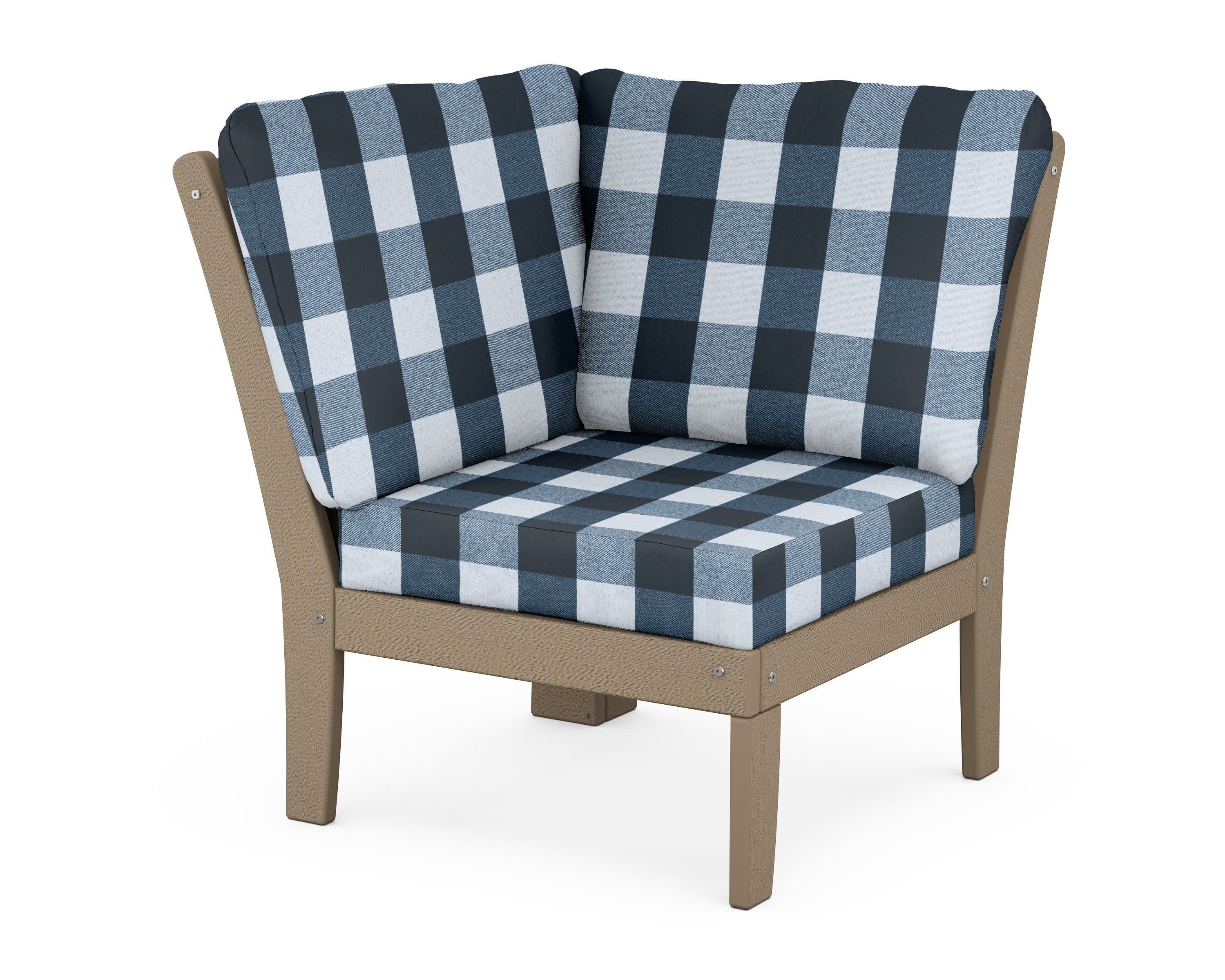 Braxton Modular Corner Chair in Vintage Sahara / Buffalo Plaid Marine Indigo
