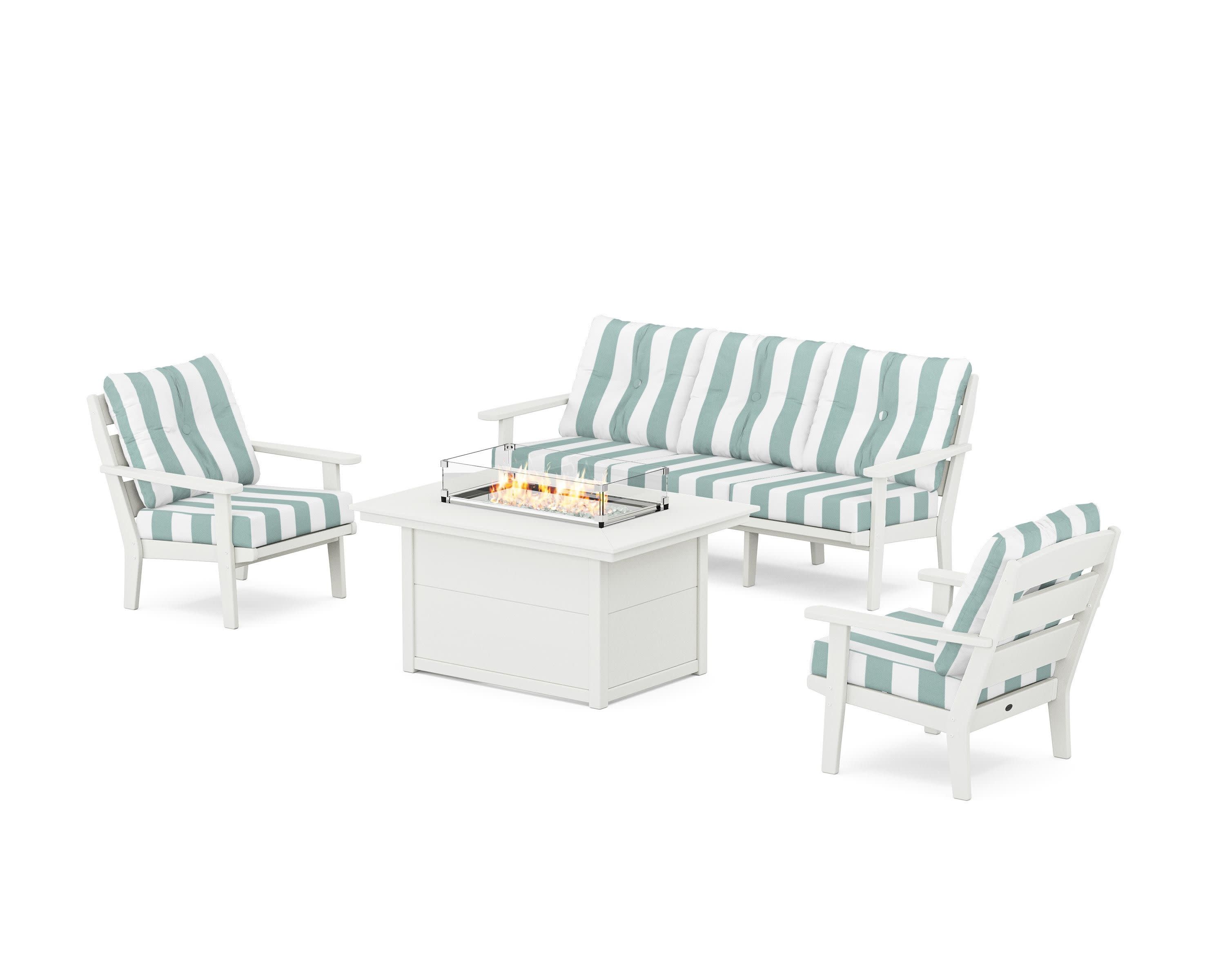Lakeside Deep Seating Fire Pit Table Set in Vintage White / Cabana Stripe Glacier Spa