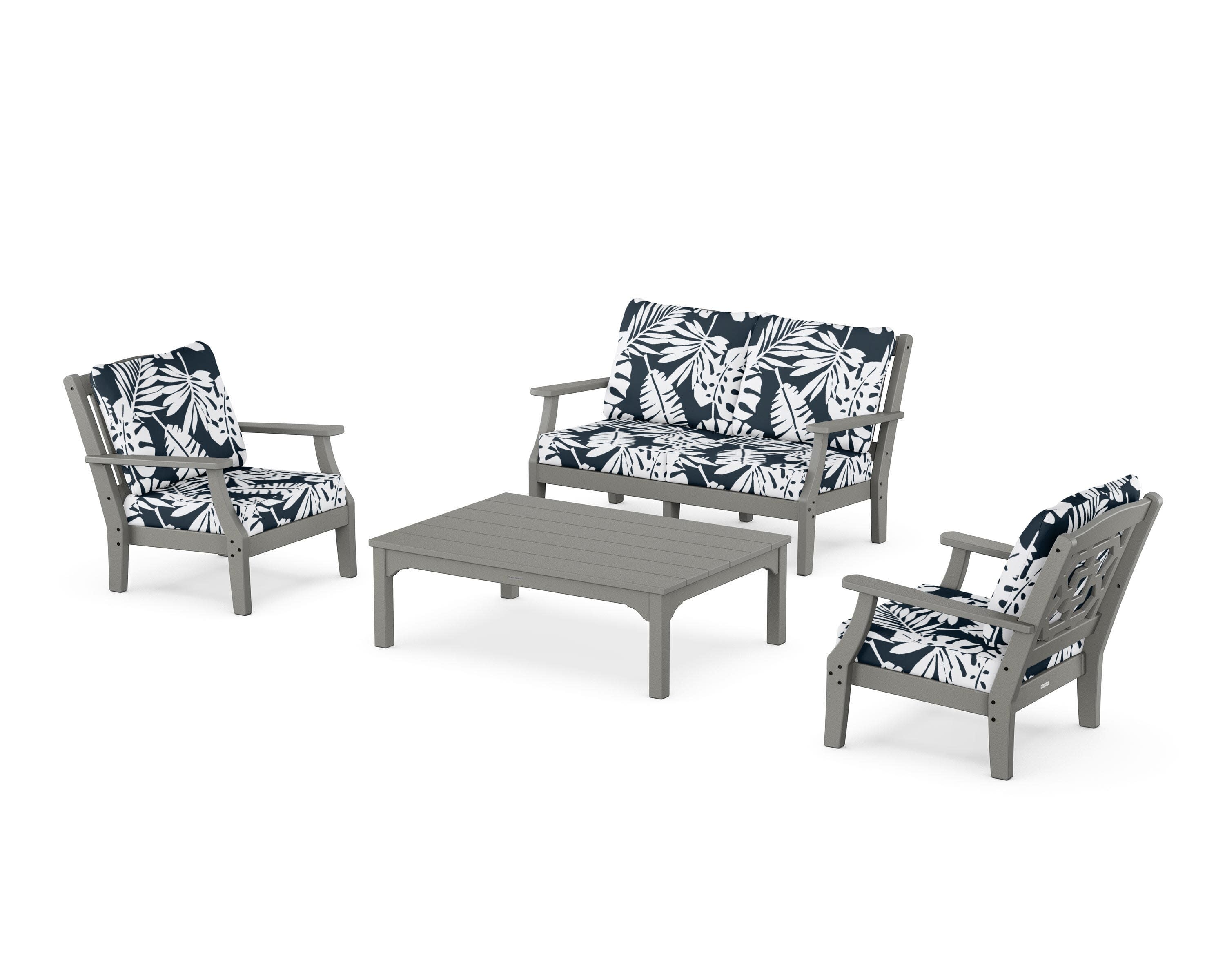 Chinoiserie 4-Piece Deep Seating Set with Loveseat in Slate Grey / Leaf Marine Indigo