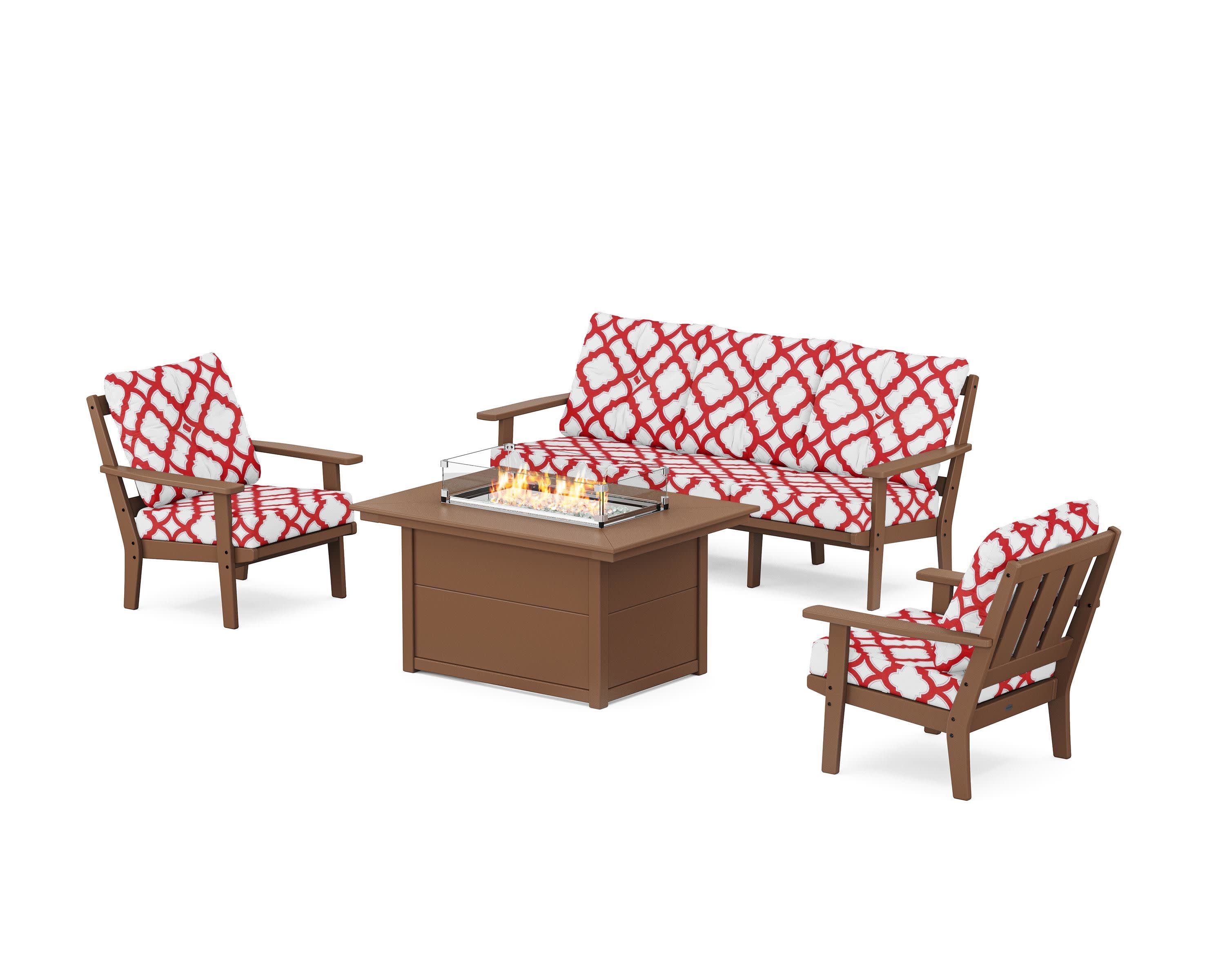 Oxford Deep Seating Fire Pit Table Set in Teak / Trellis Crimson