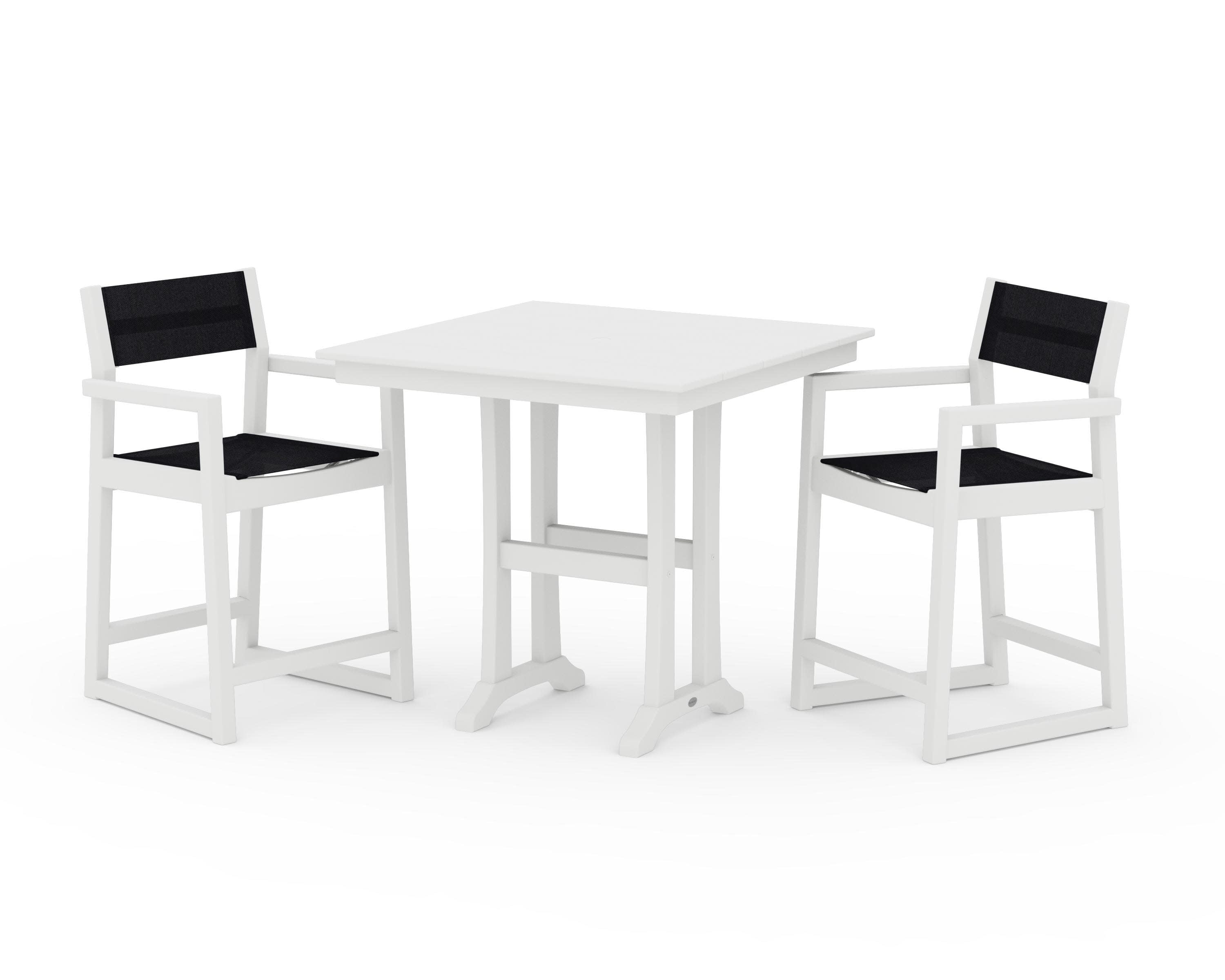 EDGE Sling Arm Chair 3-Piece Farmhouse Counter Set with Trestle Legs in White / Black Sling