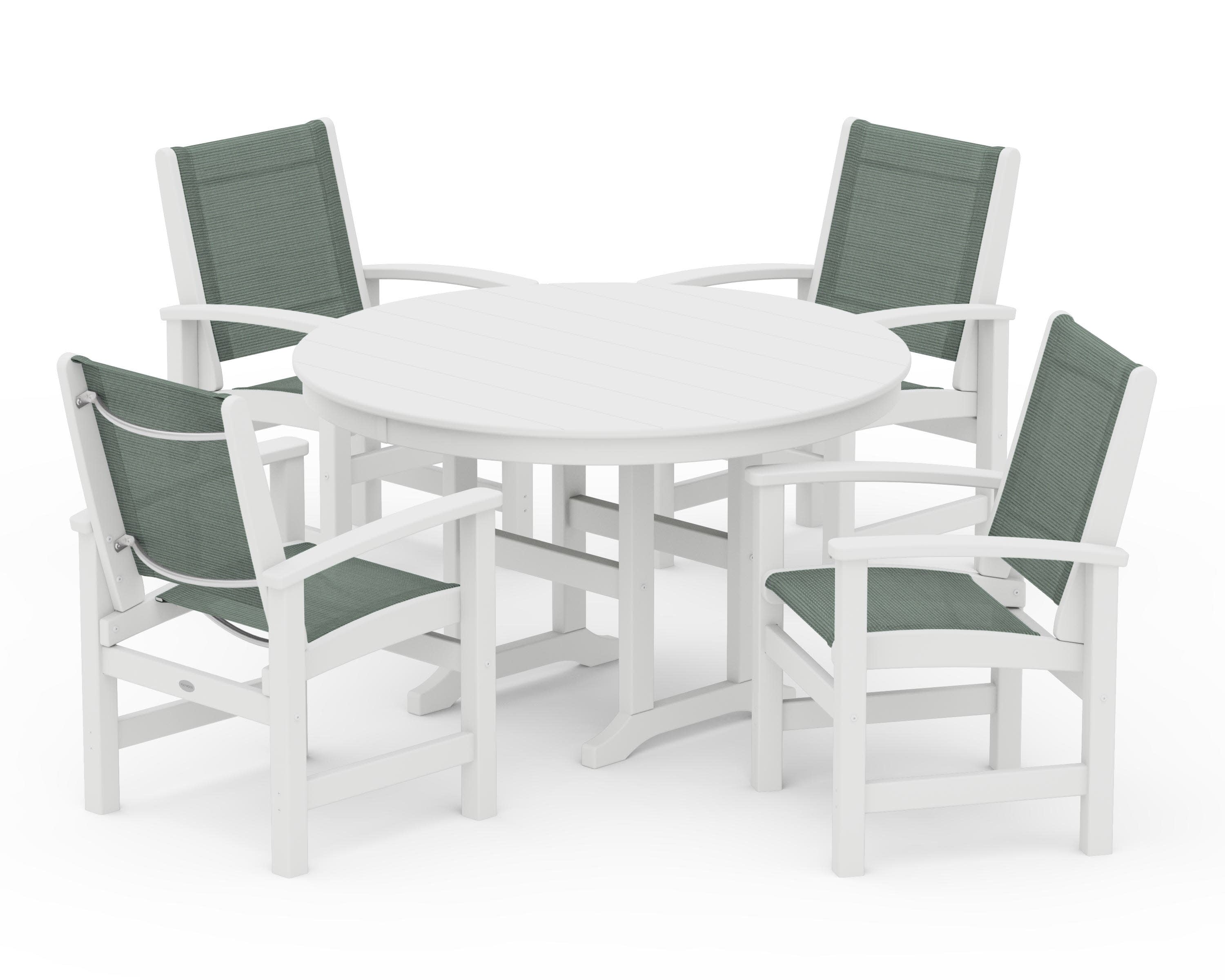 Coastal 5-Piece Round Farmhouse Dining Set in White / Dupioni Sea Mist Sling