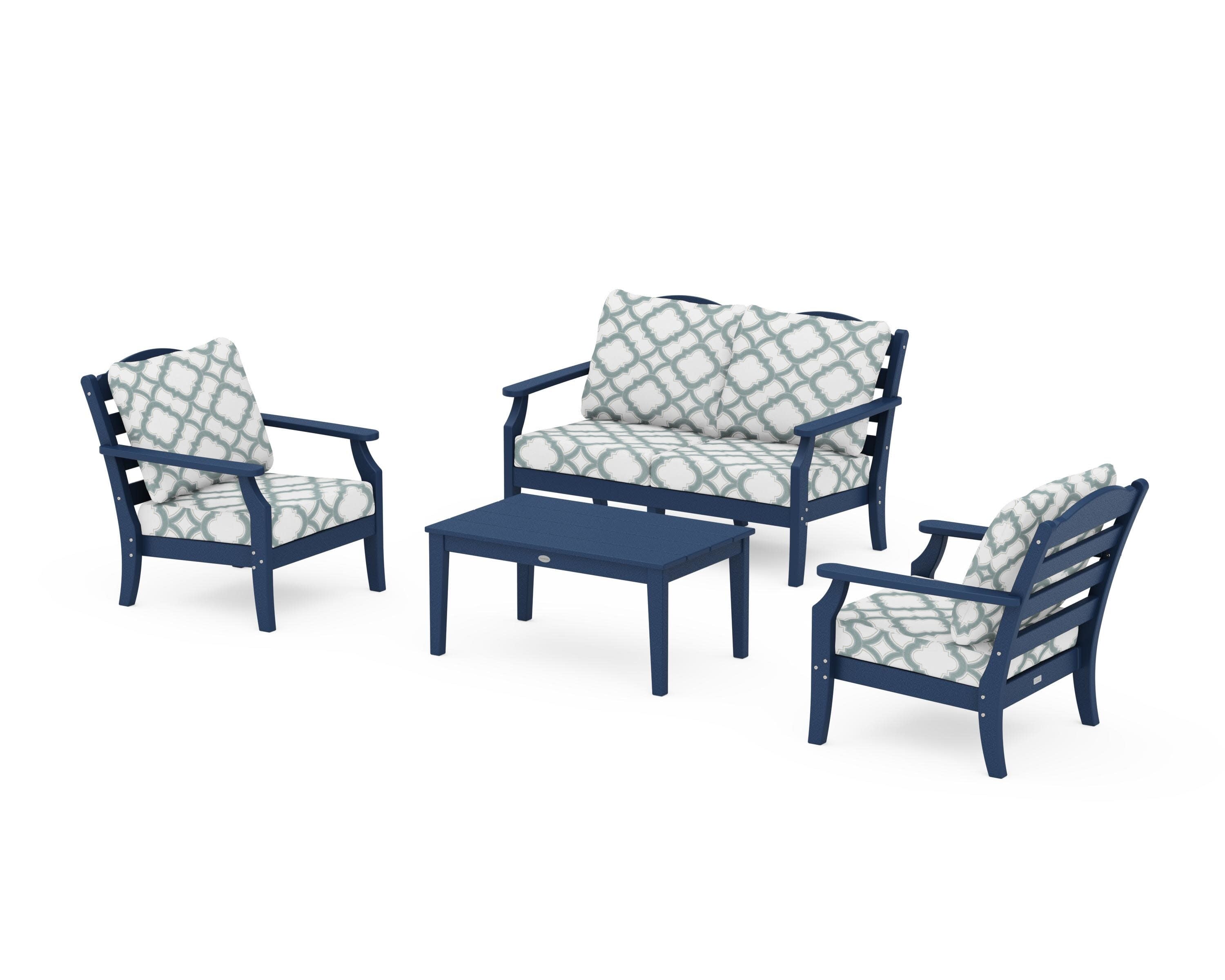 Savannah 4-Piece Deep Seating Set with Loveseat in Navy / Trellis Glacier Spa
