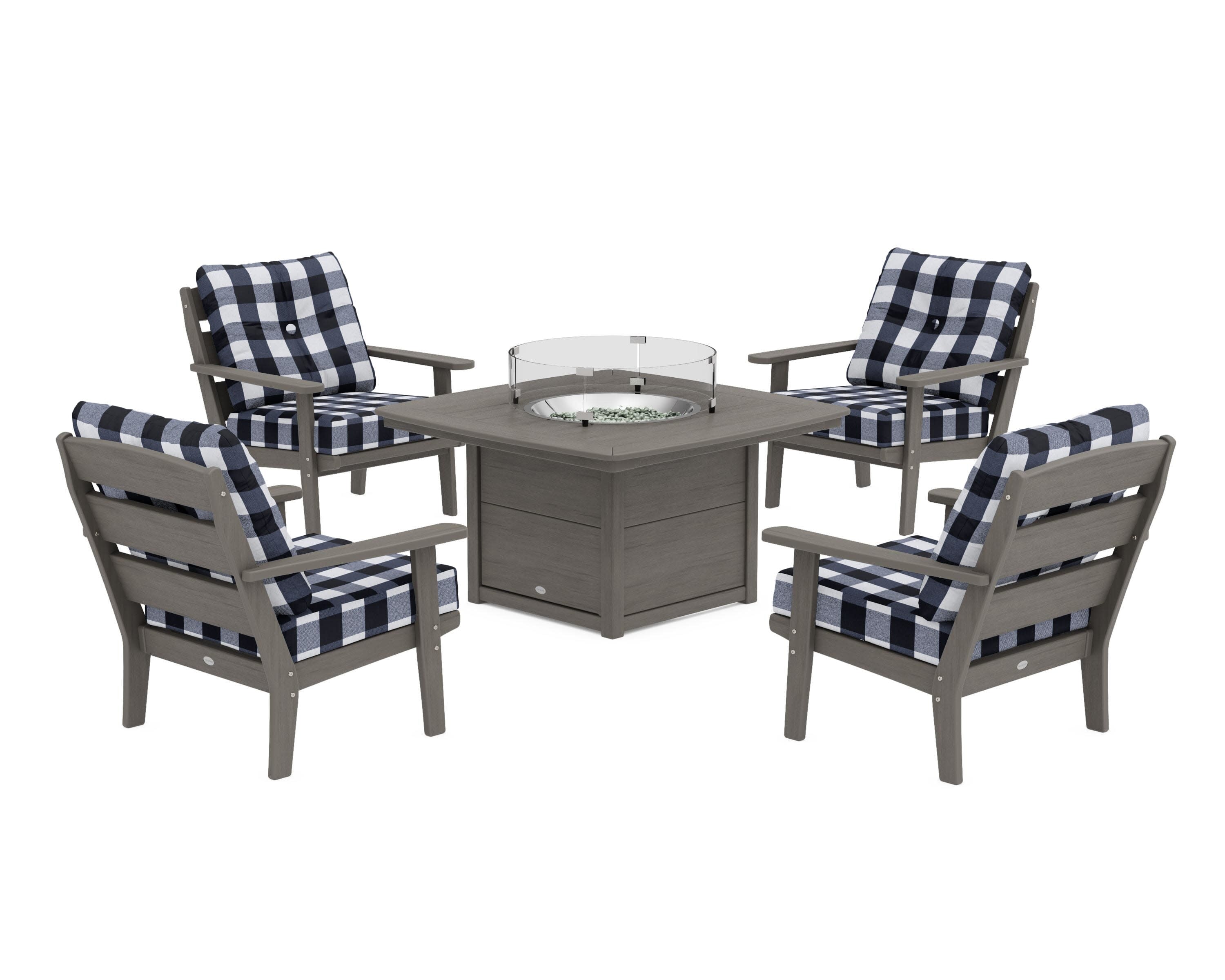 Lakeside 5-Piece Deep Seating Set with Nautical Fire Pit Table in Driftwood / Buffalo Plaid Marine Indigo