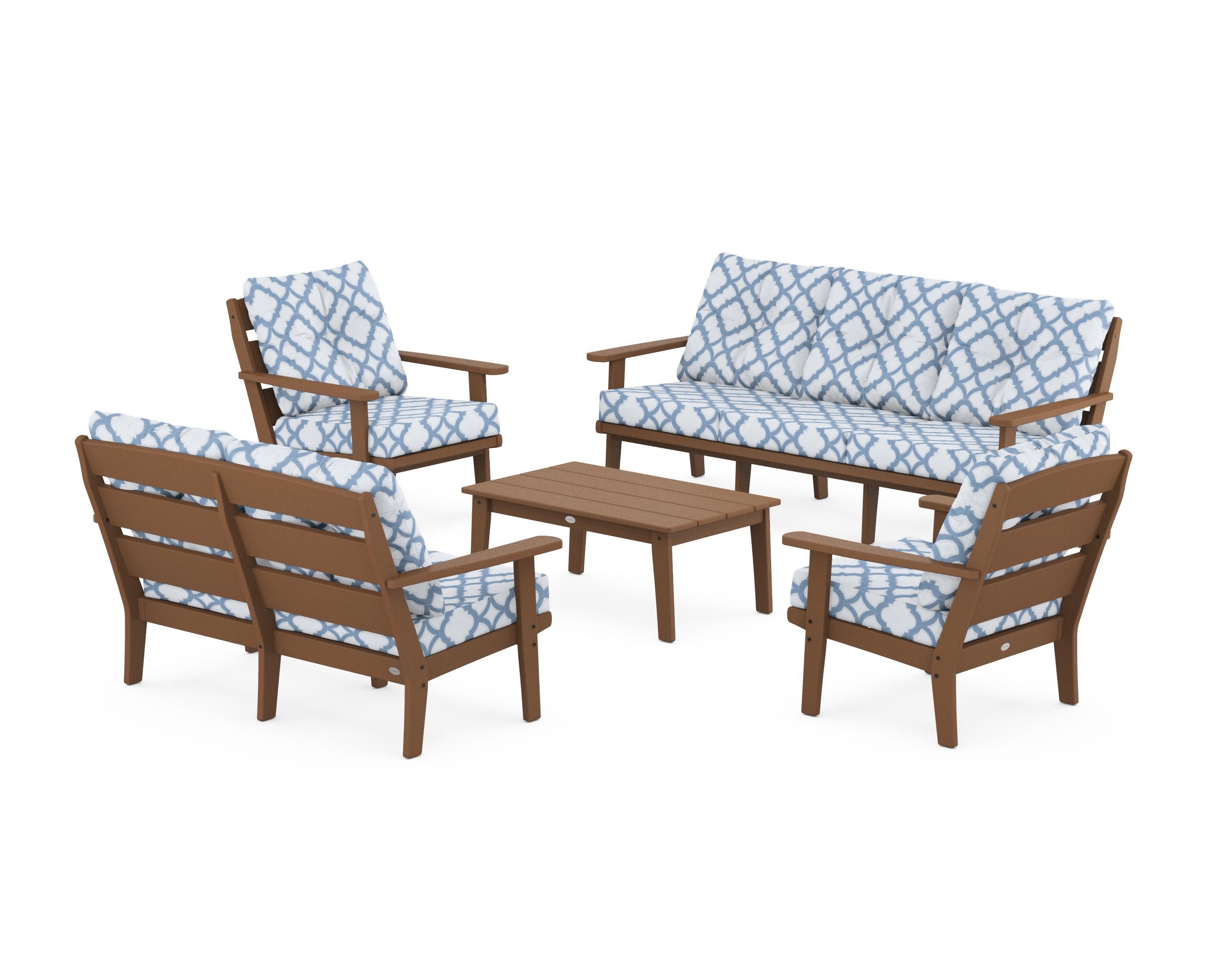 Lakeside 5-Piece Lounge Sofa Set in Teak / Trellis Sky Blue