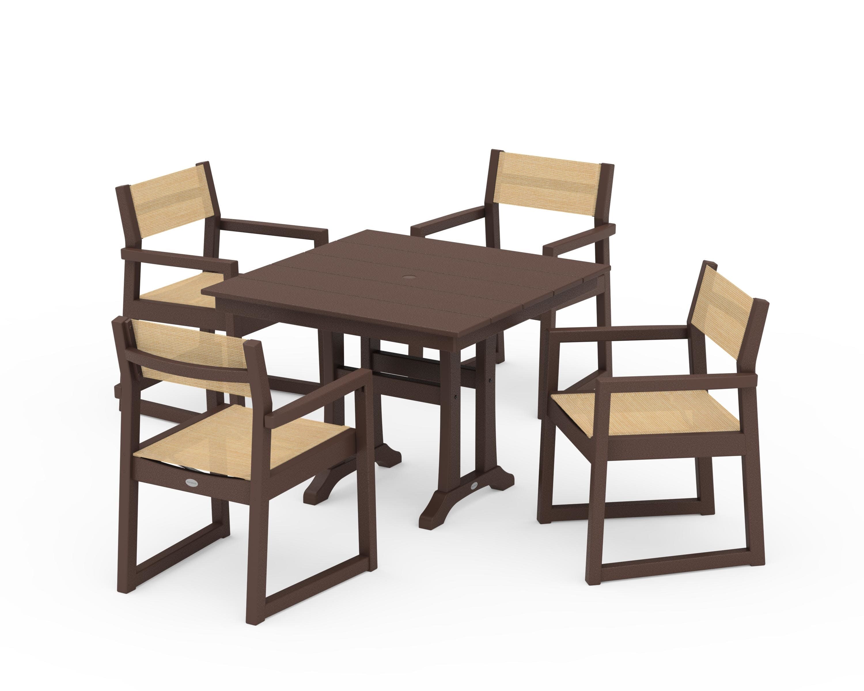 EDGE Sling 5-Piece Farmhouse Dining Set with Trestle Legs in Mahogany / Dupioni Apricot Sling