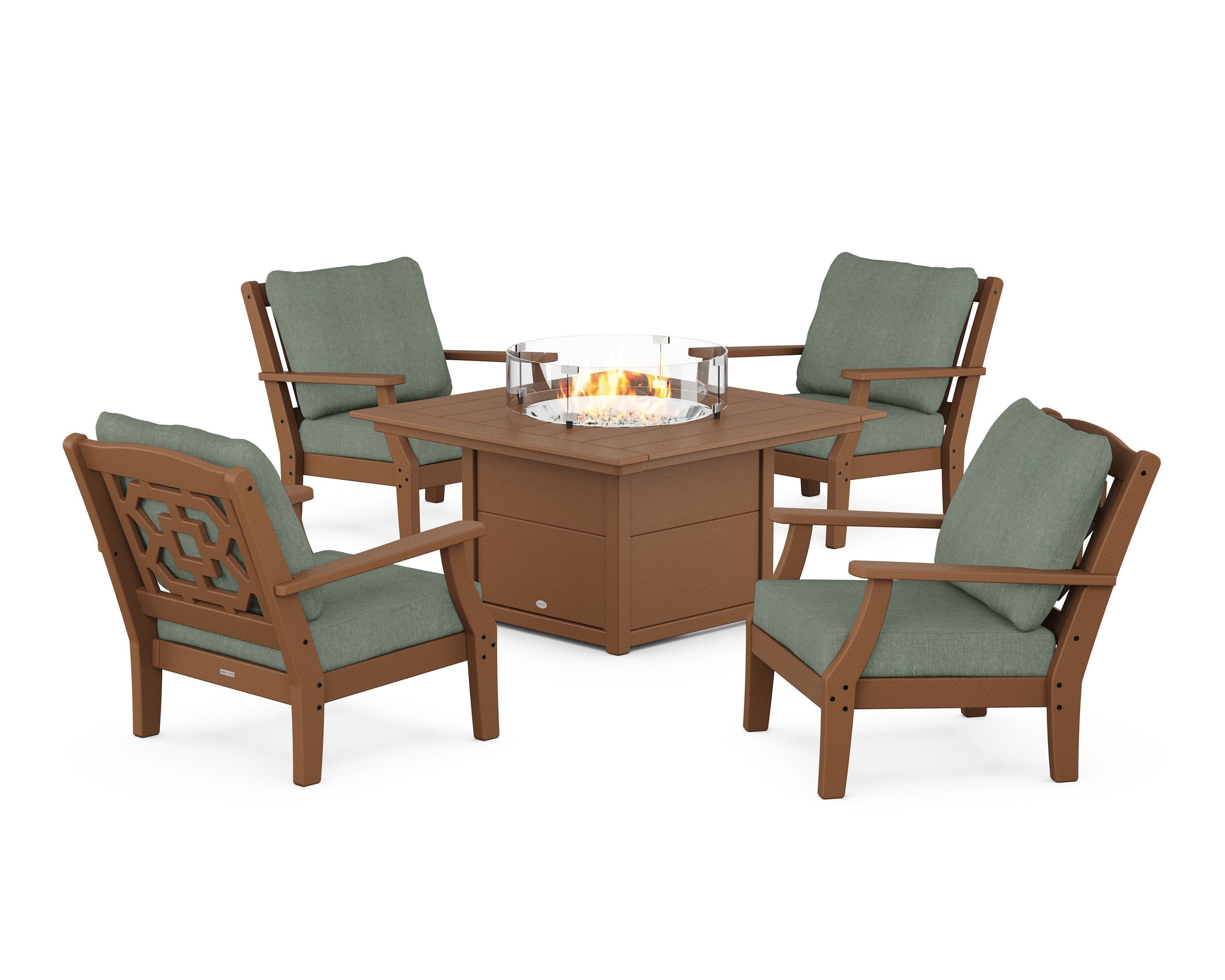 Chinoiserie 5-Piece Deep Seating Set with Fire Pit Table in Teak / Cast Sage