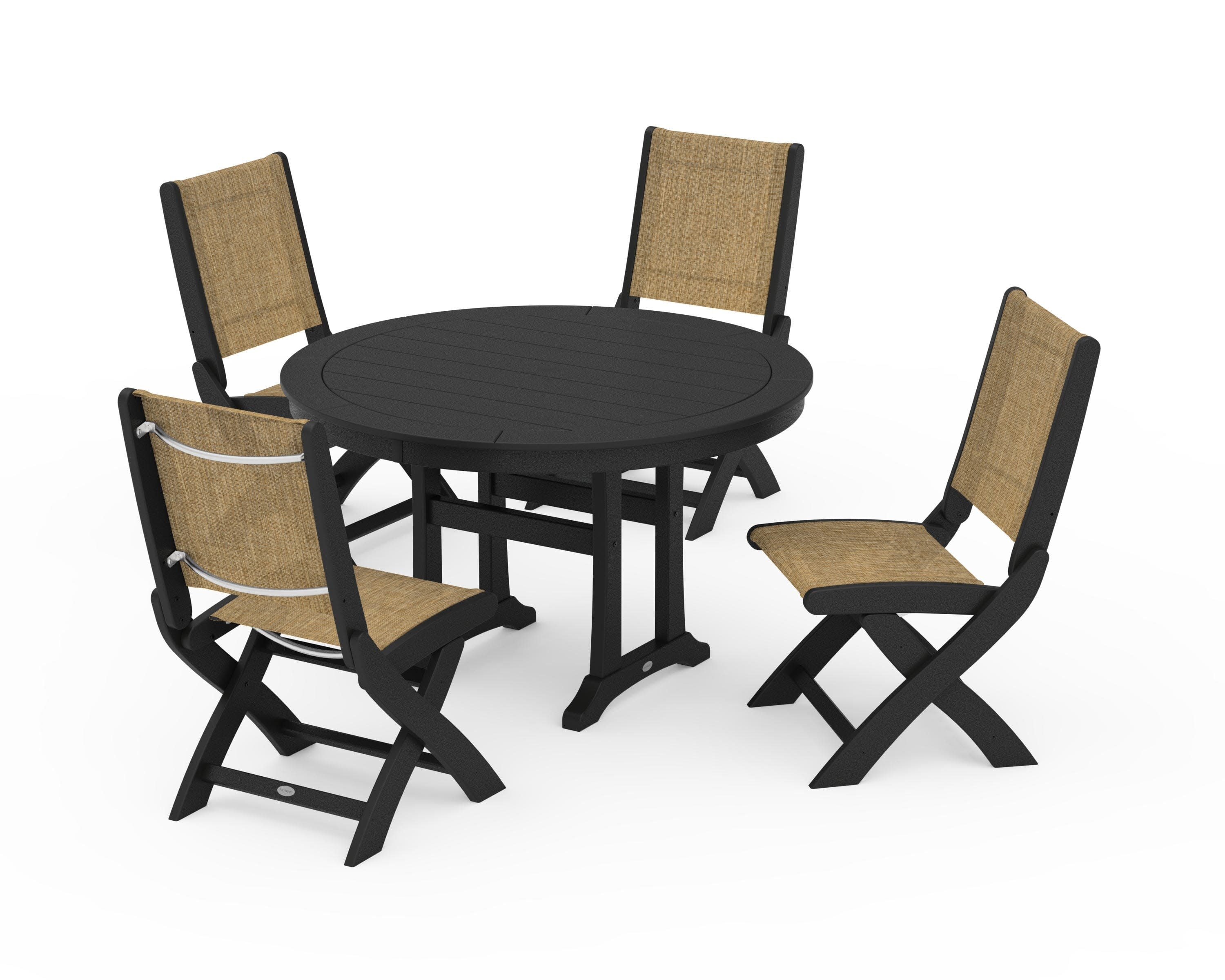 Coastal Folding Side Chair 5-Piece Round Dining Set With Trestle Legs in Black / Burlap Sling