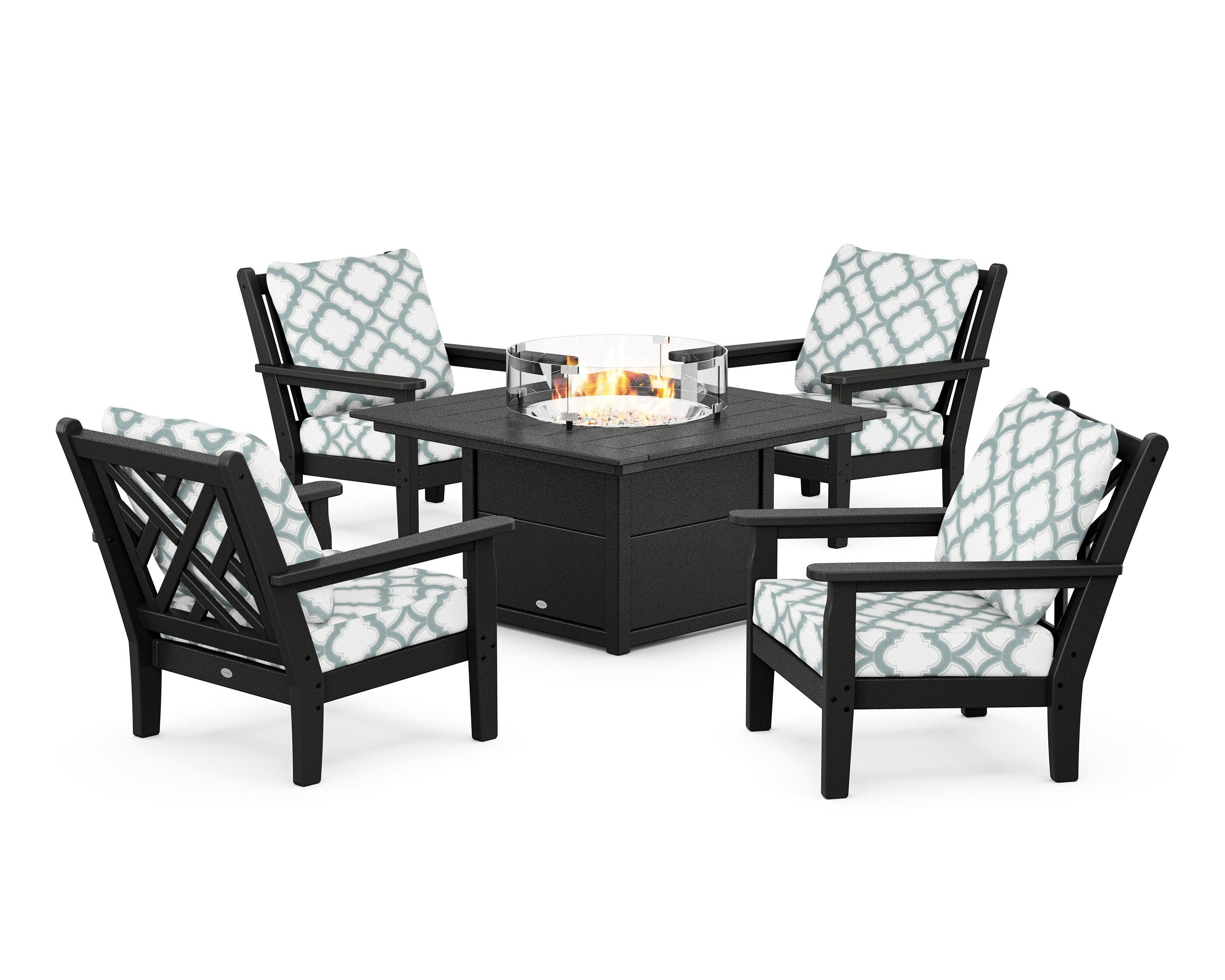 Chippendale 5-Piece Deep Seating Set with Fire Pit Table in Black / Trellis Glacier Spa