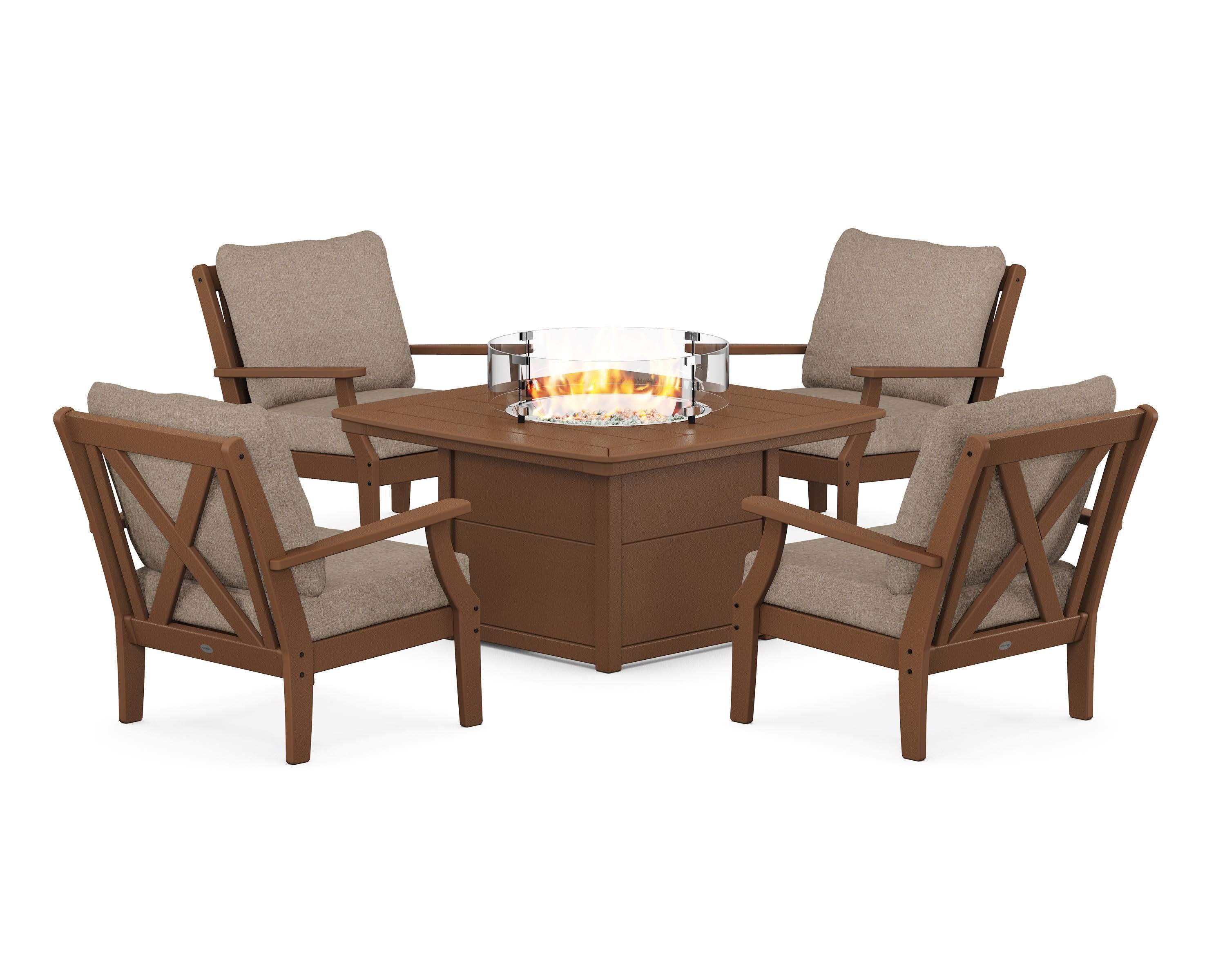 Braxton 5-Piece Deep Seating Conversation Set with Fire Pit Table in Teak / Spiced Burlap