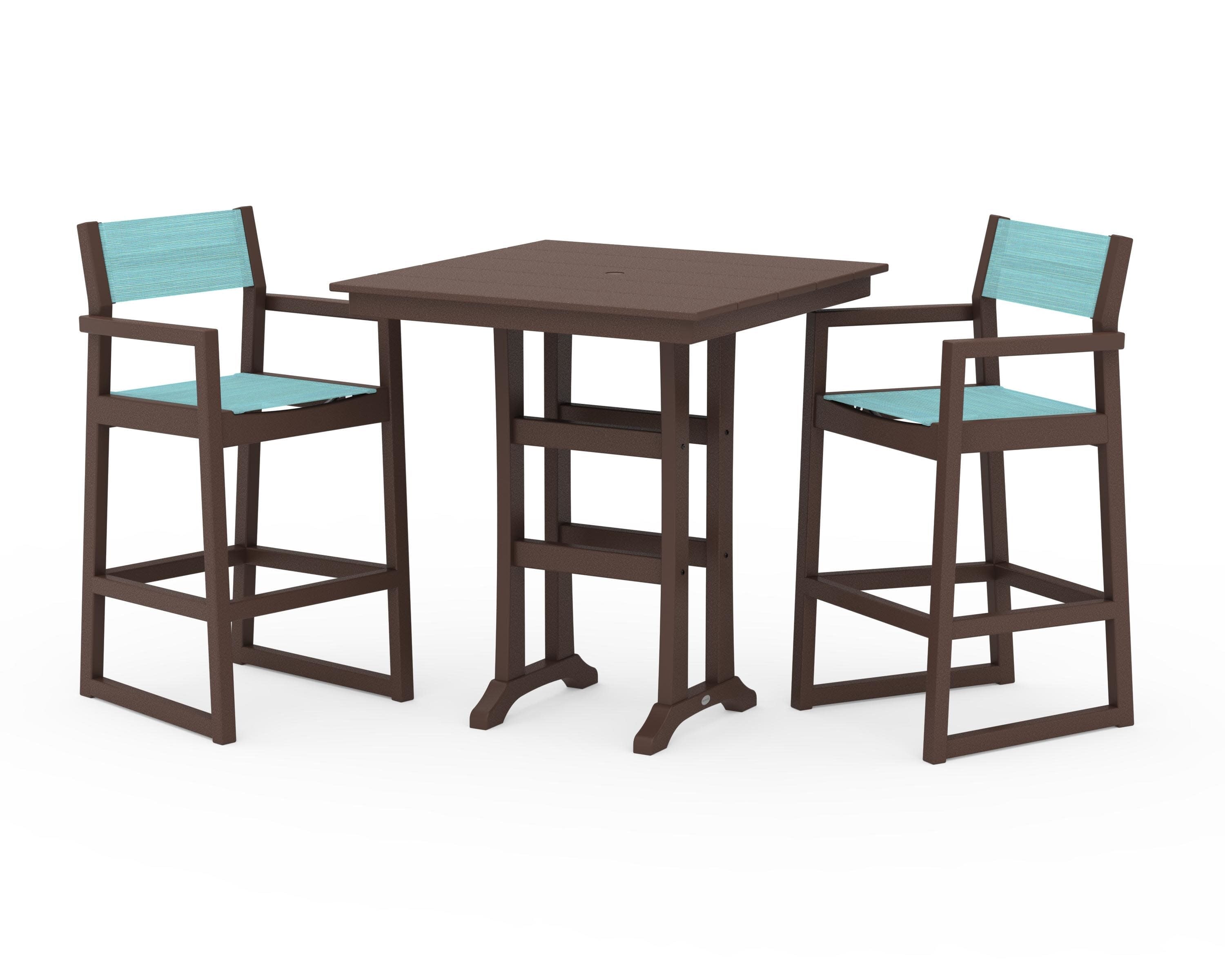EDGE Sling Arm Chair 3-Piece Farmhouse Bar Set with Trestle Legs in Mahogany / Dupioni Aquamarine Sling