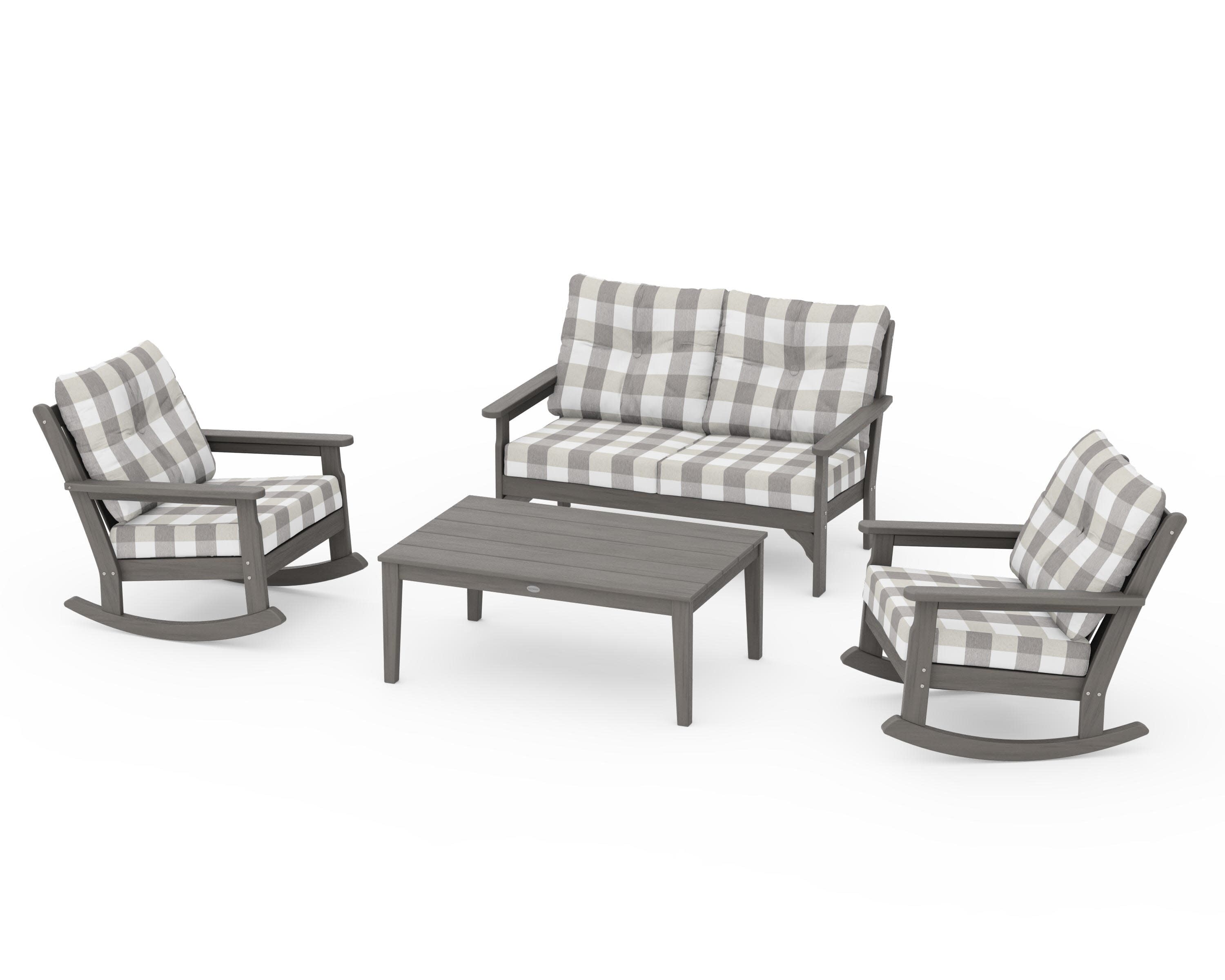 Vineyard 4-Piece Deep Seating Rocking Chair Set in Driftwood / Buffalo Plaid Grey Mist