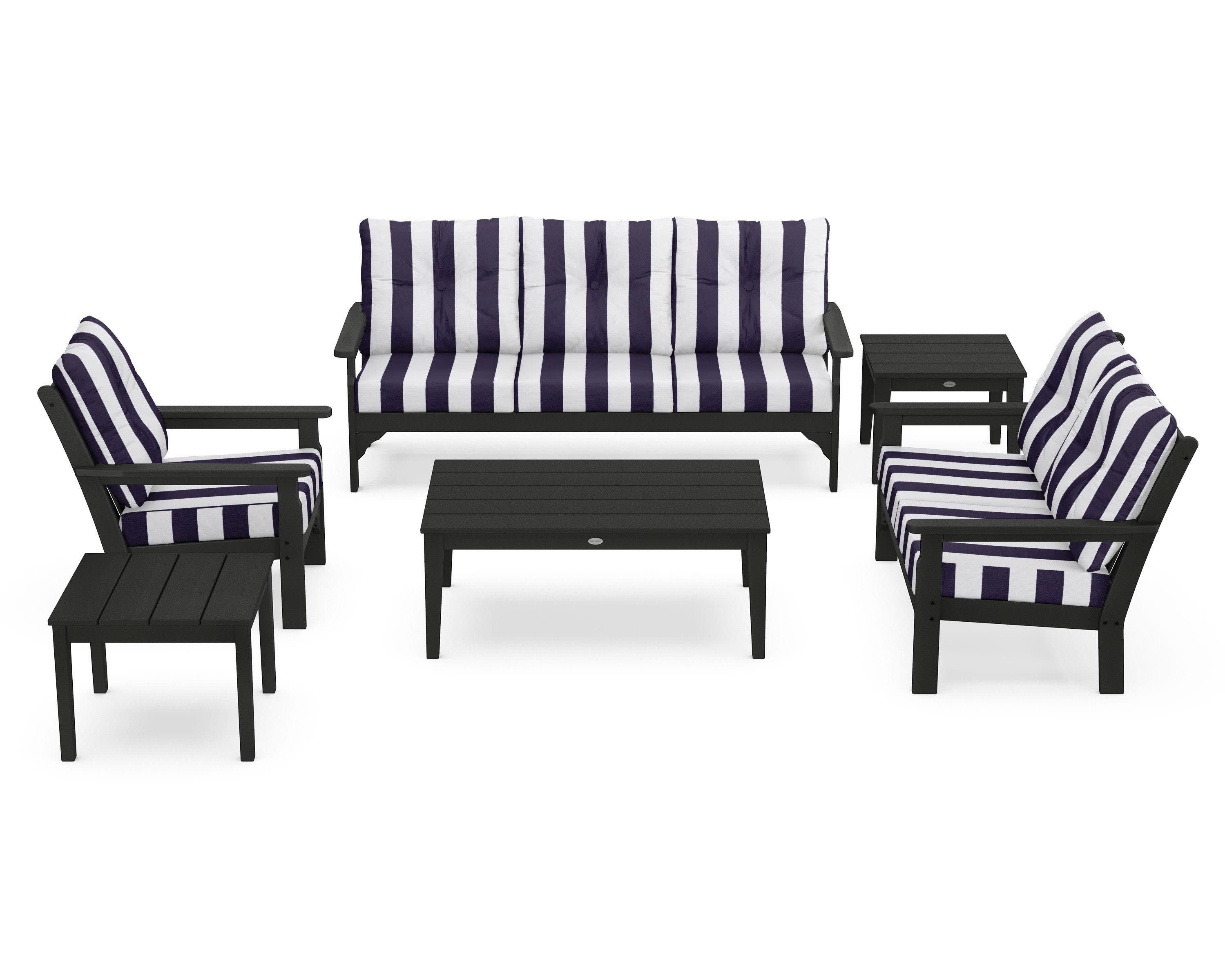 Vineyard 6-Piece Deep Seating Set in Black / Cabana Stripe Navy