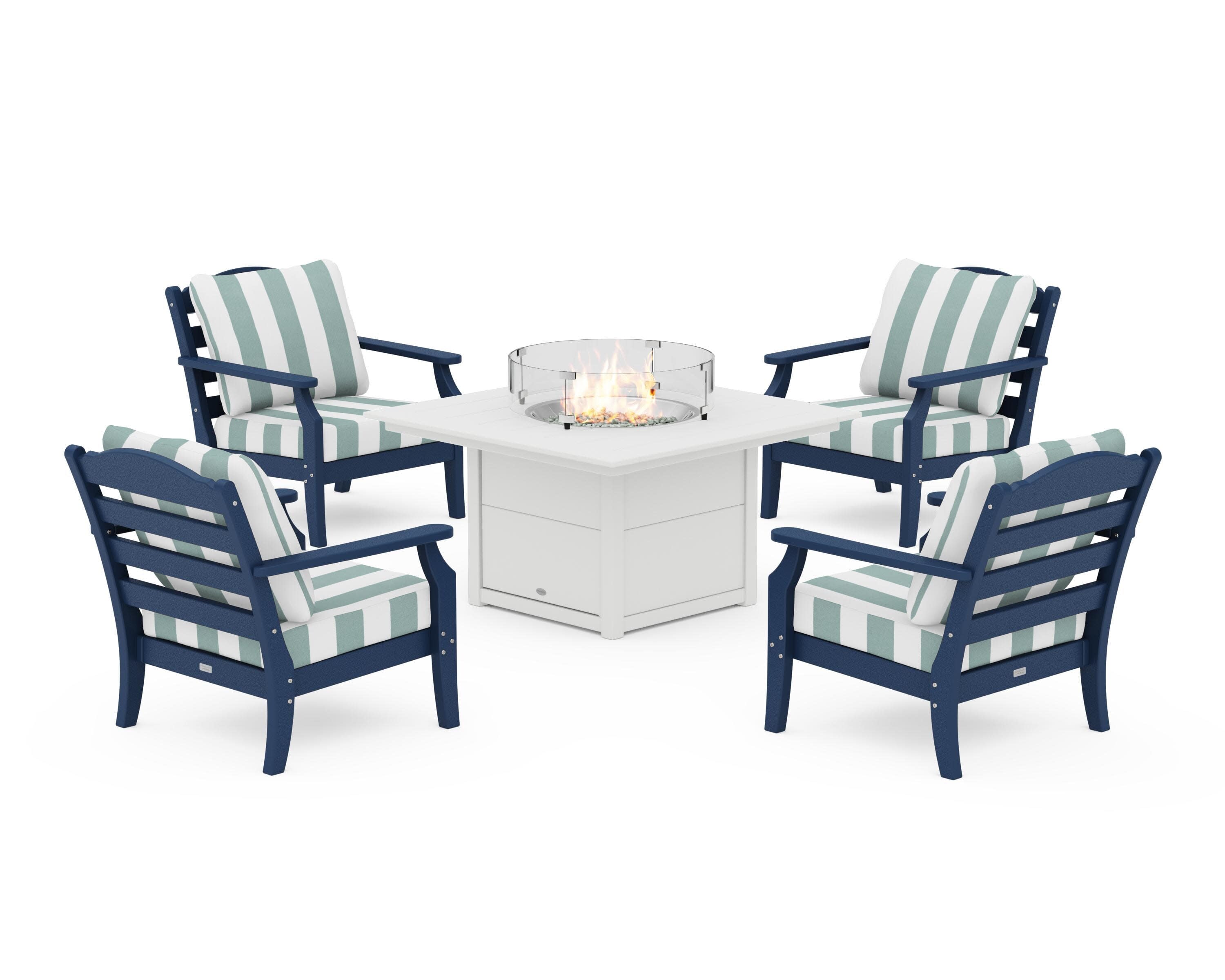 Savannah 5-Piece Deep Seating Set with Fire Pit Table in Navy / Cabana Stripe Glacier Spa