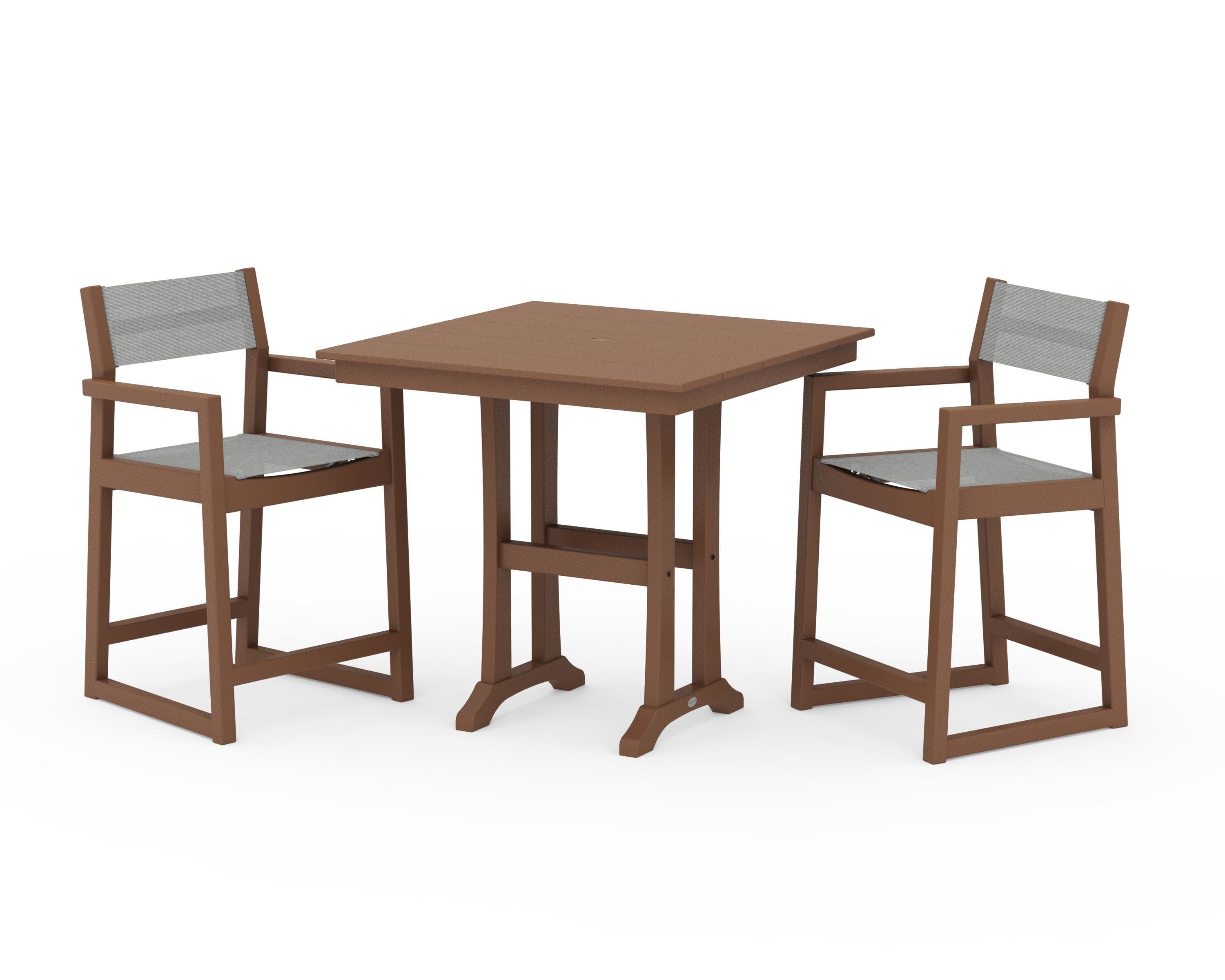 EDGE Sling Arm Chair 3-Piece Farmhouse Counter Set with Trestle Legs in Teak / Metallic Sling
