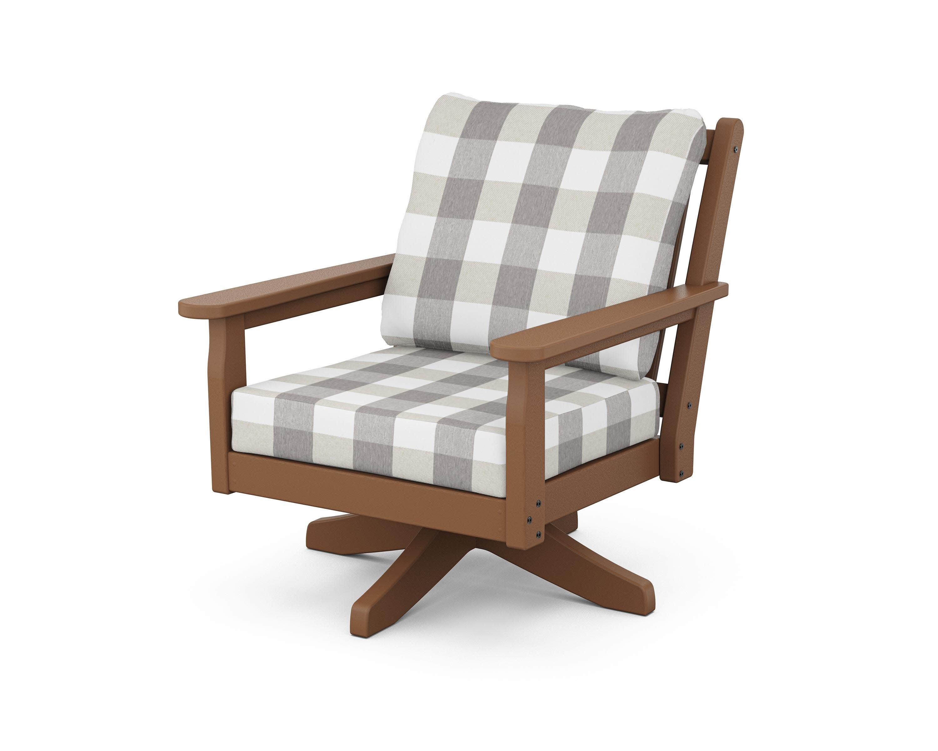 Chippendale Deep Seating Swivel Chair in Teak / Buffalo Plaid Grey Mist