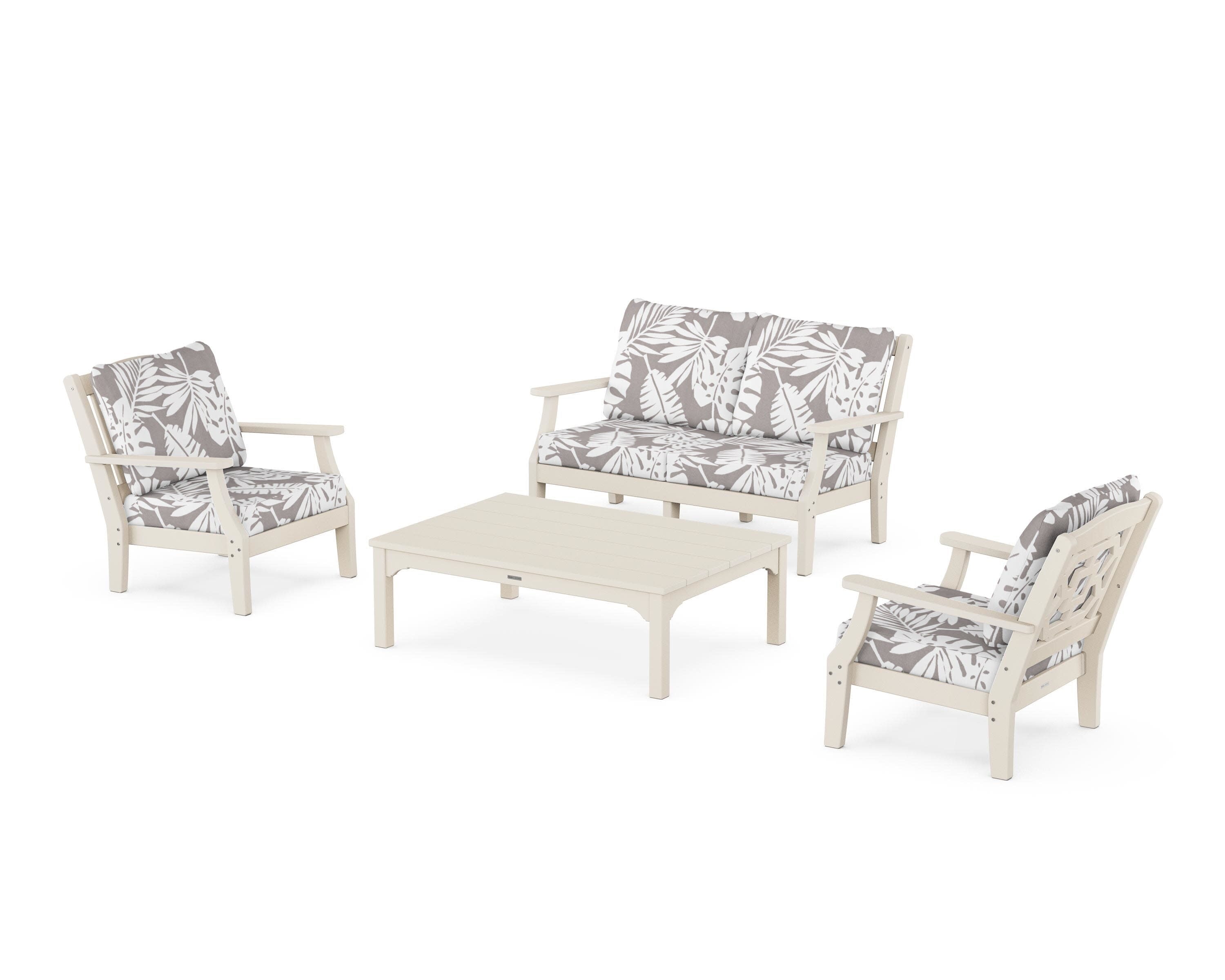 Chinoiserie 4-Piece Deep Seating Set with Loveseat in Sand / Leaf Grey Mist