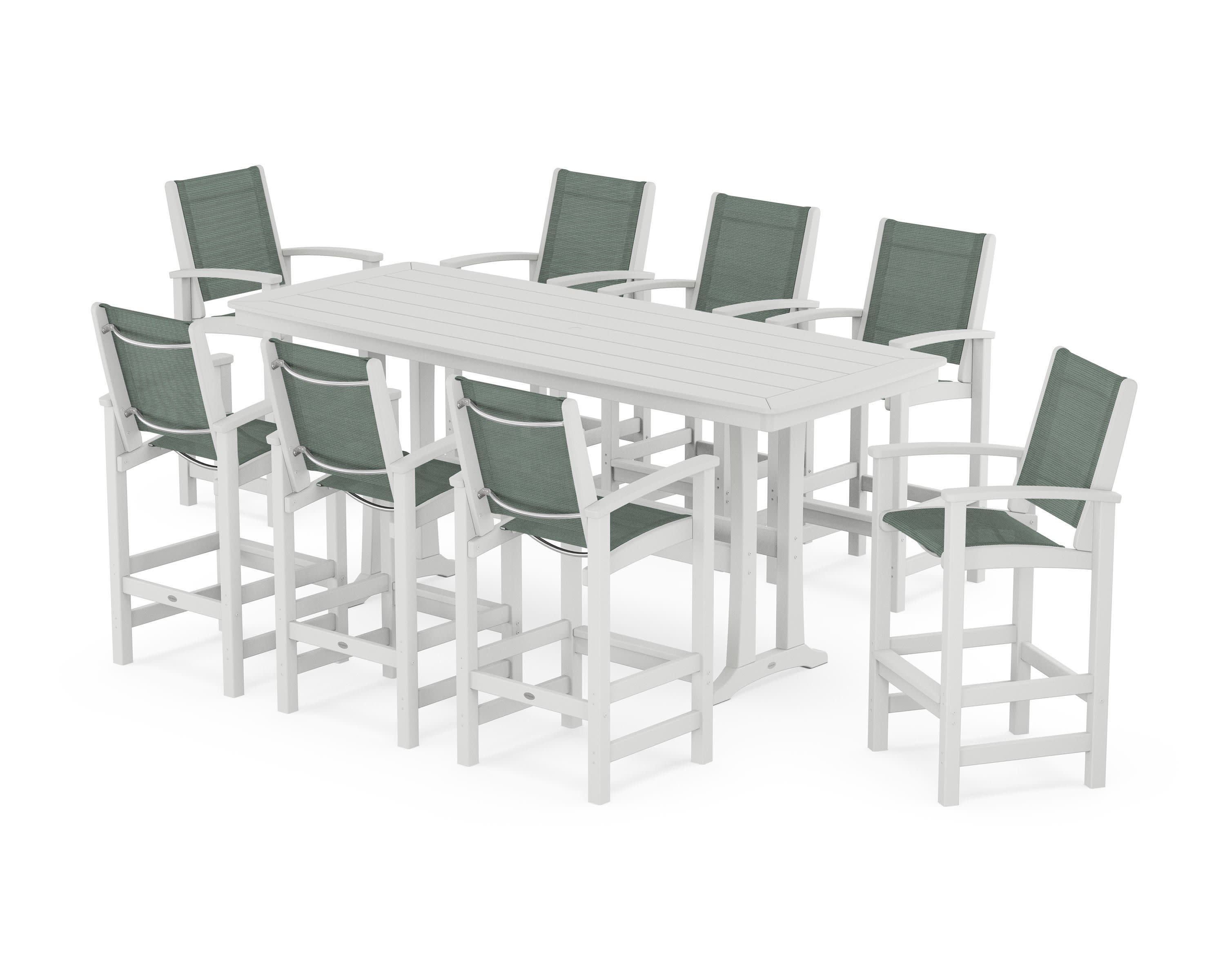 Coastal 9-Piece Bar Set with Trestle Legs in White / Dupioni Sea Mist Sling