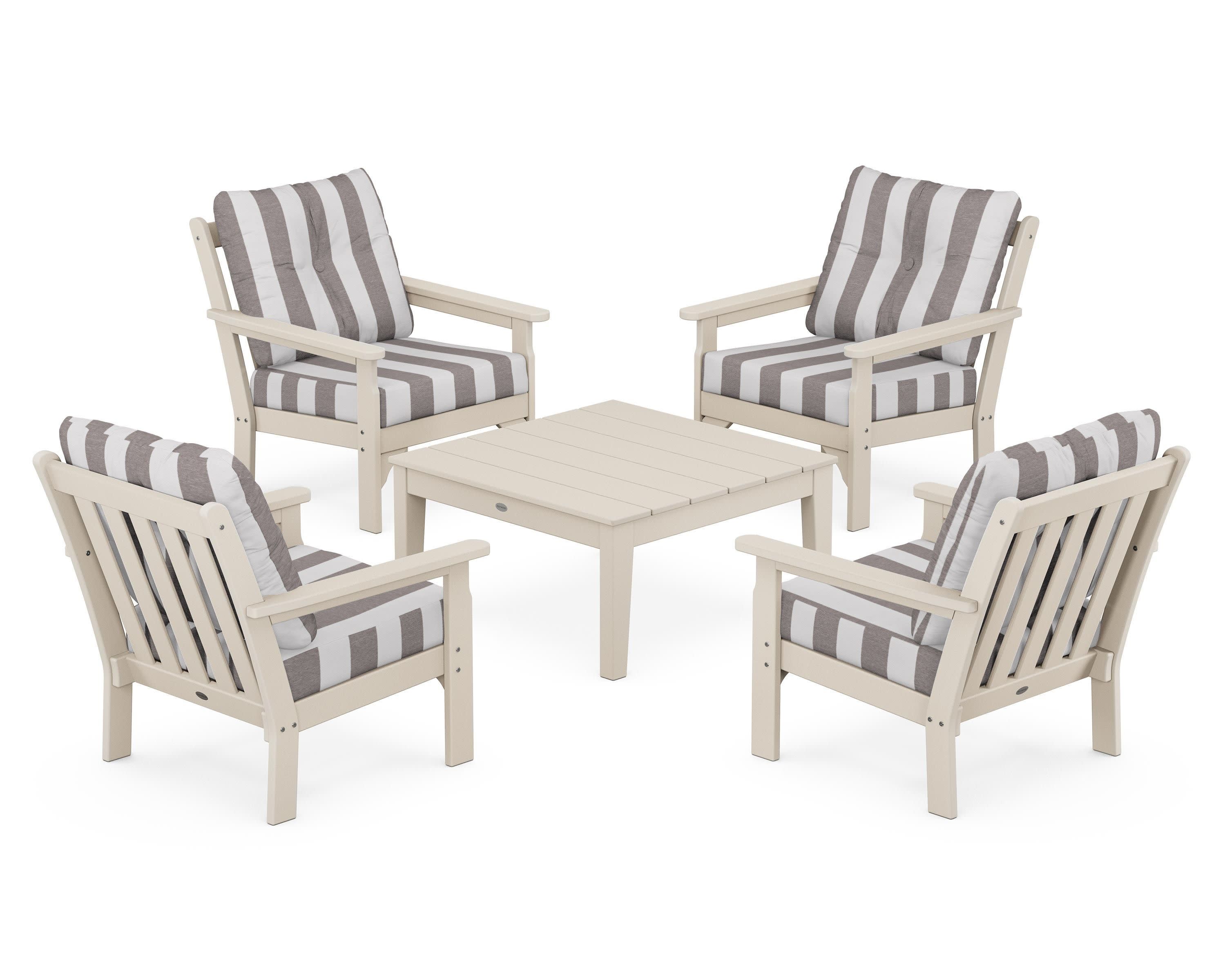 Vineyard 5-Piece Deep Seating Conversation Set in Sand / Cabana Stripe Grey Mist