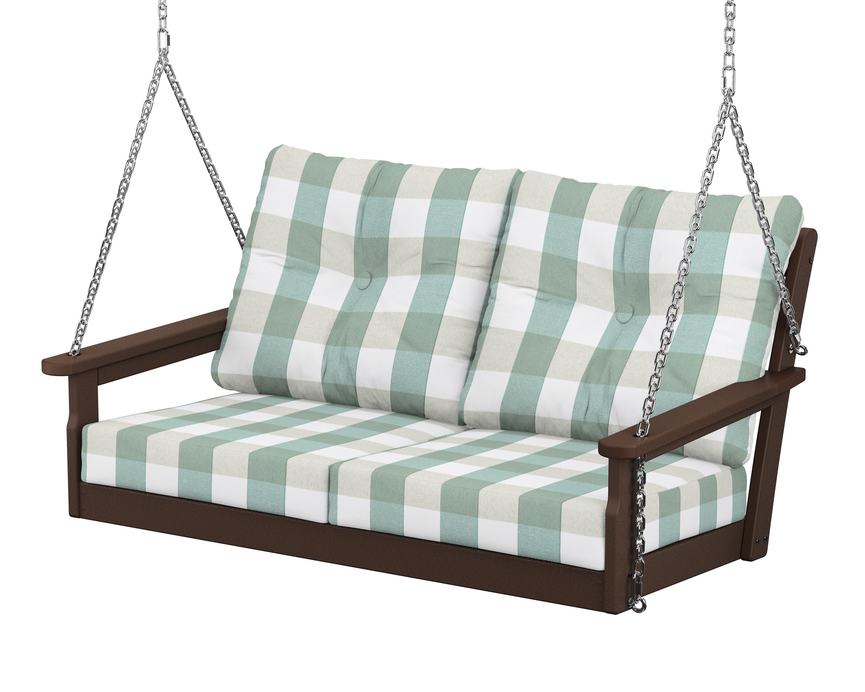 Vineyard Deep Seating Swing in Mahogany / Buffalo Plaid Glacier Spa