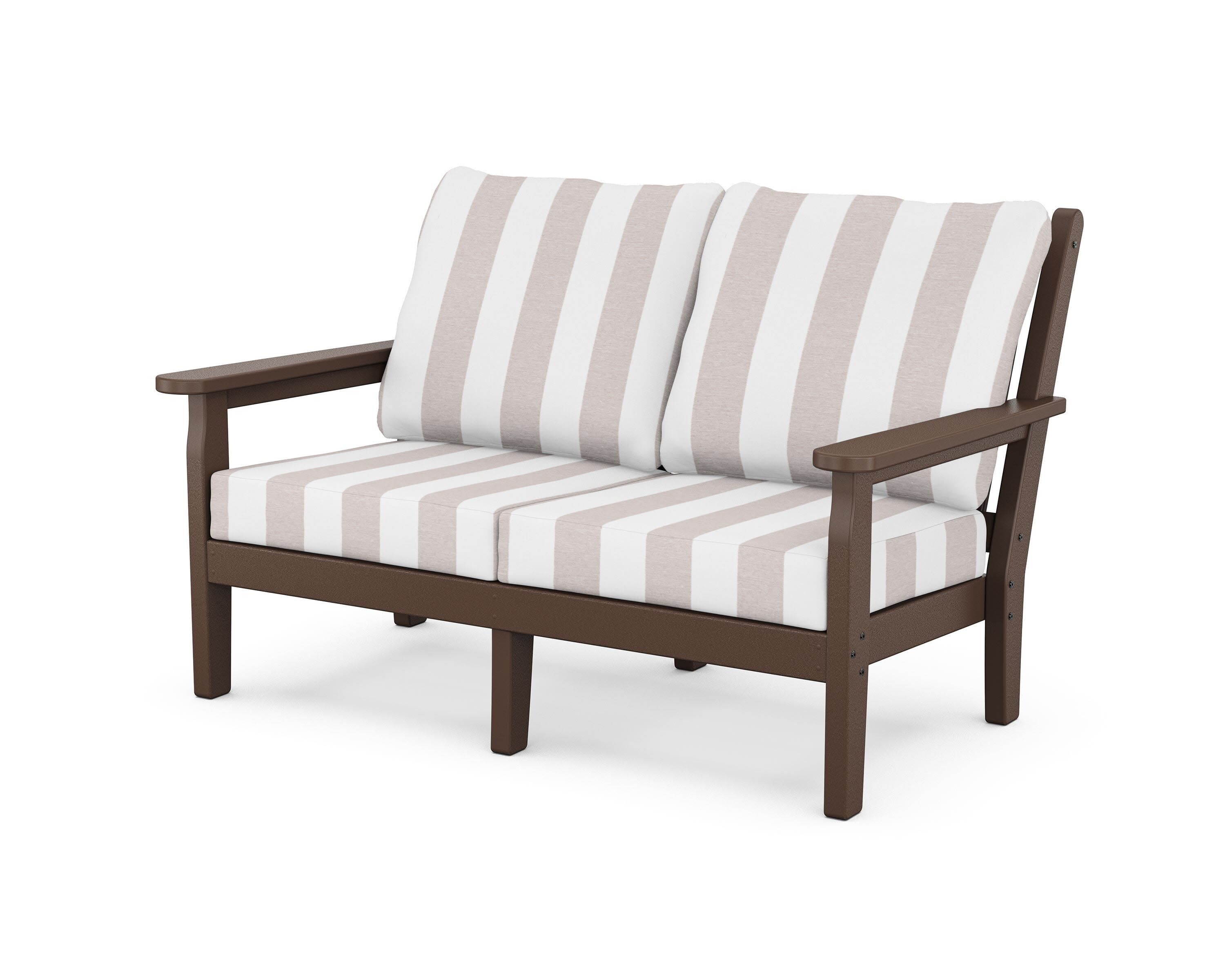 Chippendale Deep Seating Loveseat in Mahogany / Cabana Stripe Dune Burlap
