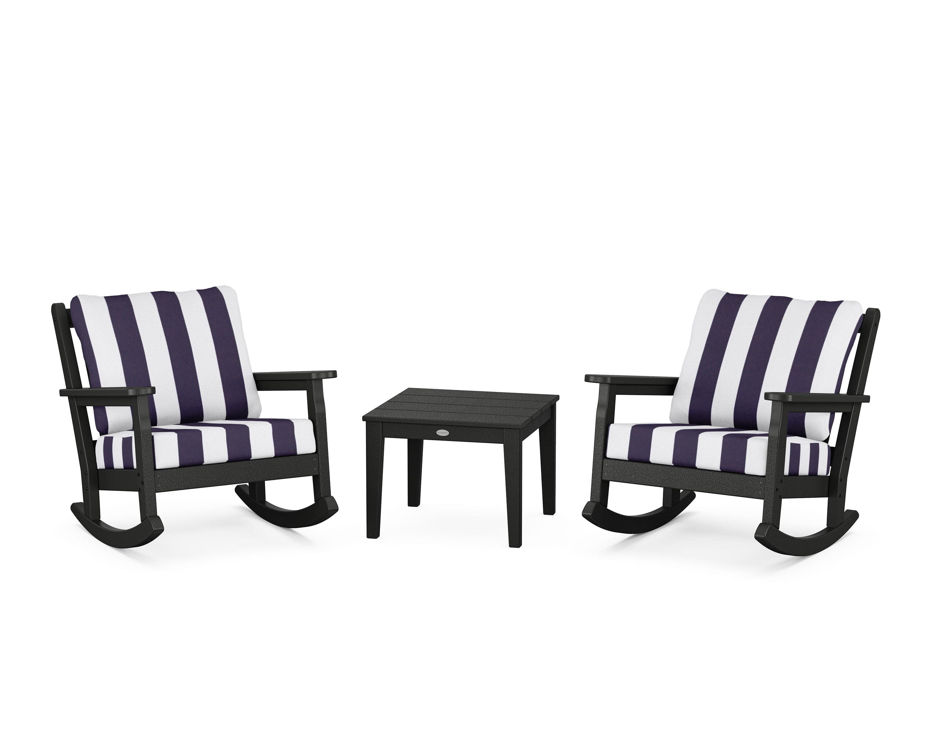 Chippendale 3-Piece Deep Seating Rocker Set in Black / Cabana Stripe Navy