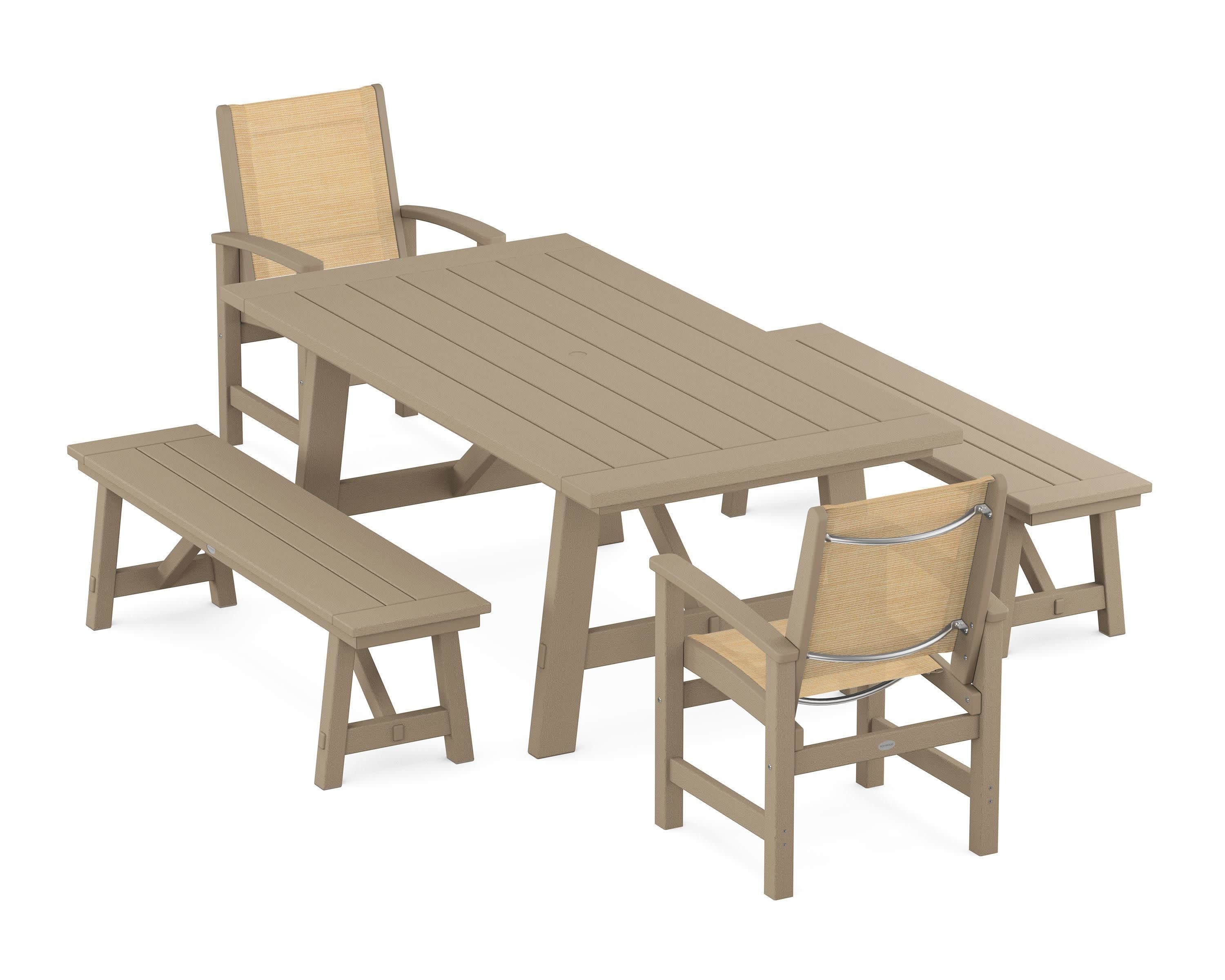 Coastal 5-Piece Rustic Farmhouse Dining Set With Benches in Vintage Sahara / Dupioni Apricot Sling