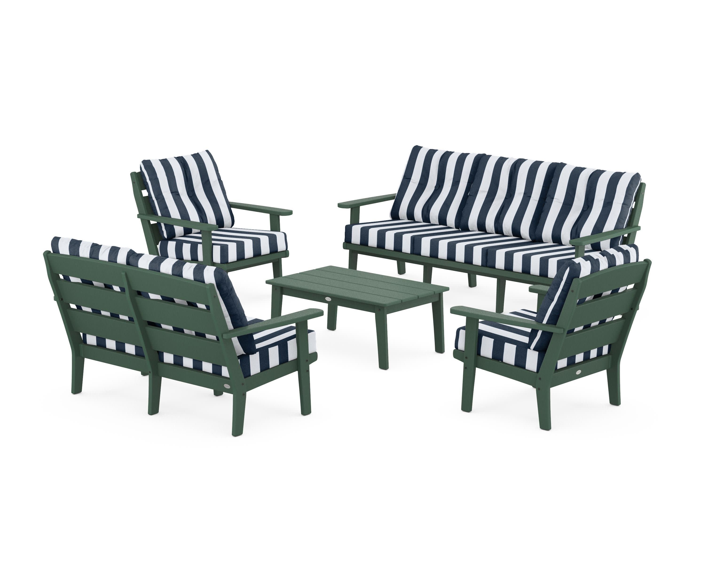 Lakeside 5-Piece Lounge Sofa Set in Green / Cabana Stripe Marine Indigo