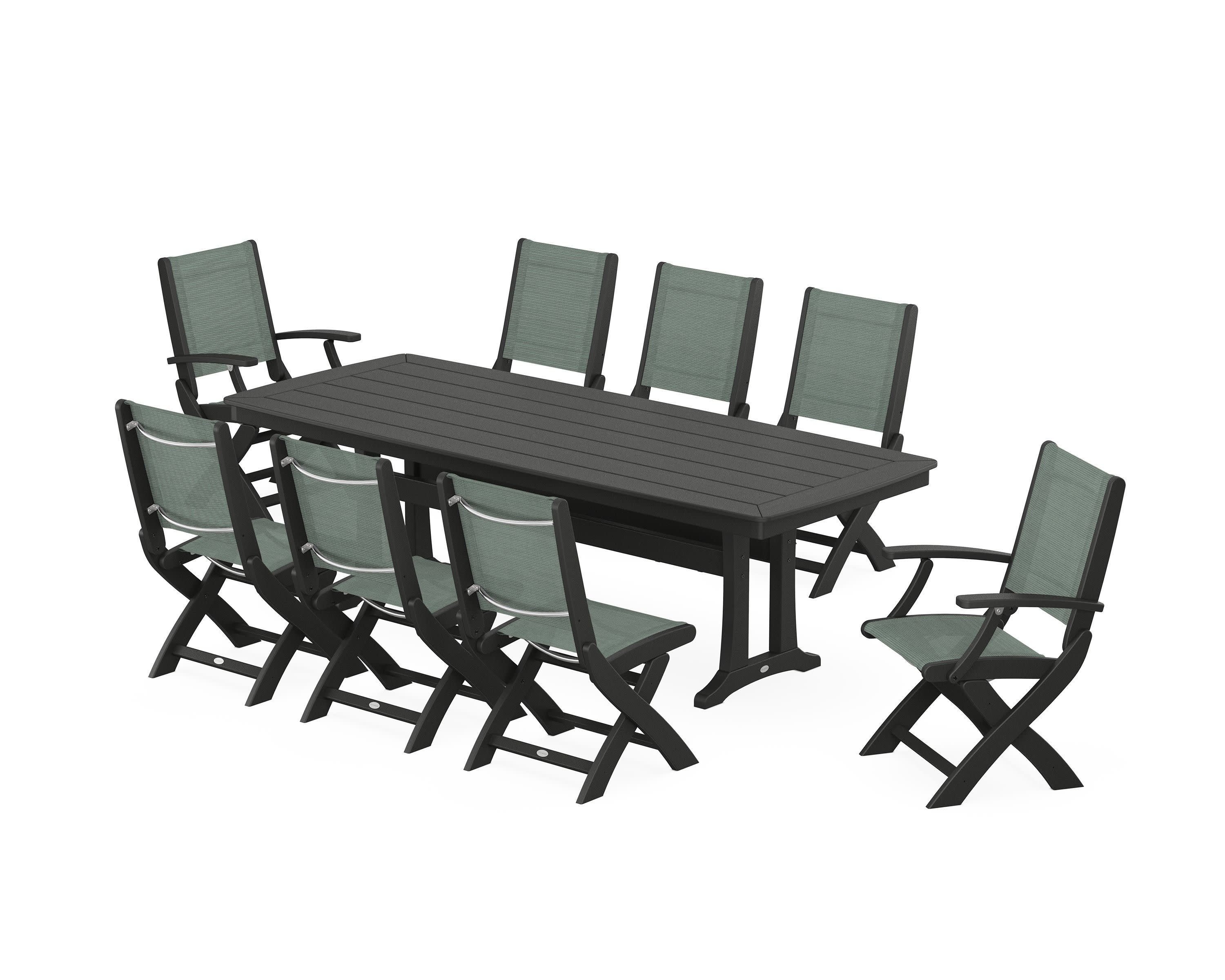 Coastal Folding 9-Piece Dining Set with Trestle Legs in Black / Dupioni Sea Mist Sling