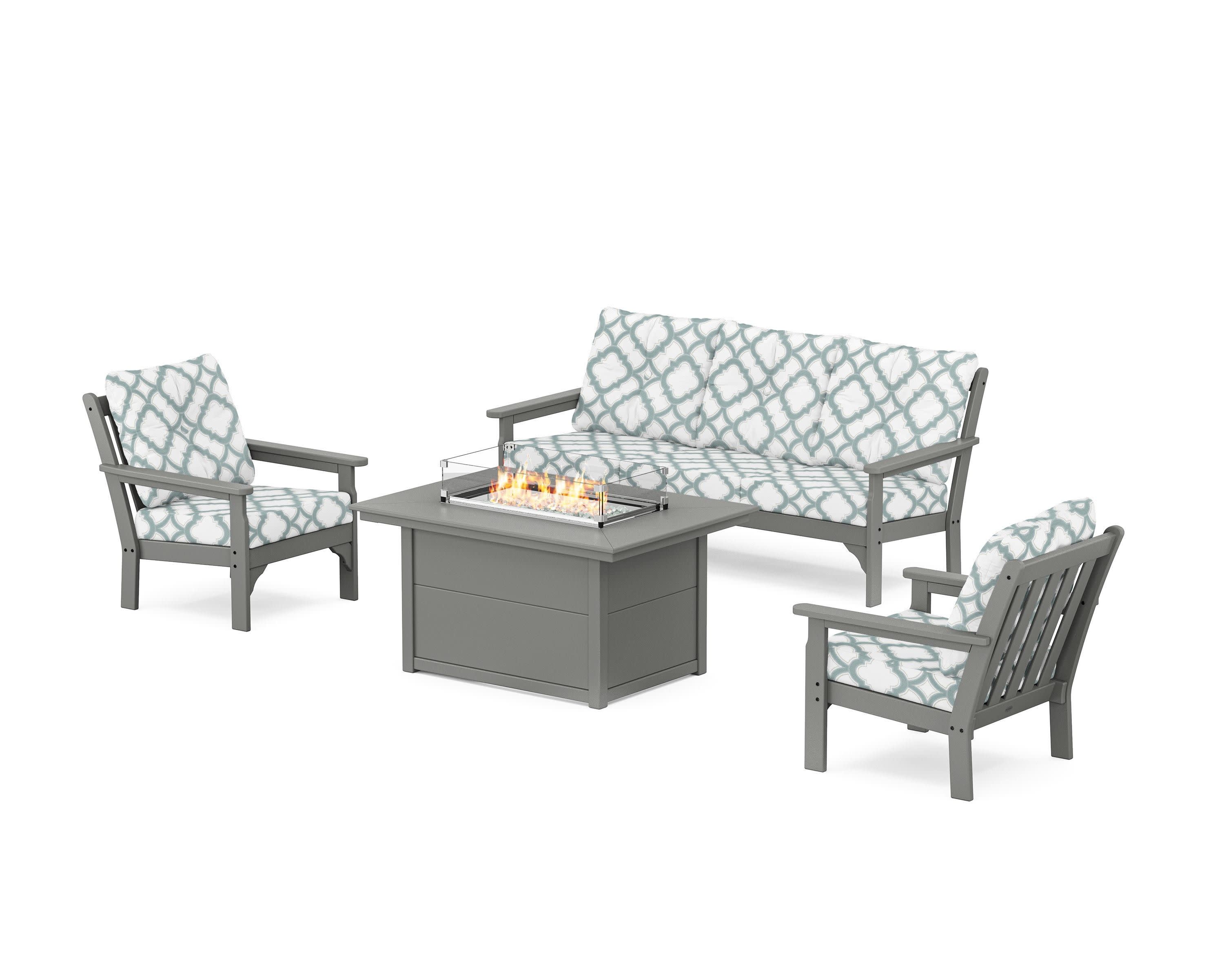 Vineyard Deep Seating Fire Pit Table Set in Slate Grey / Trellis Glacier Spa