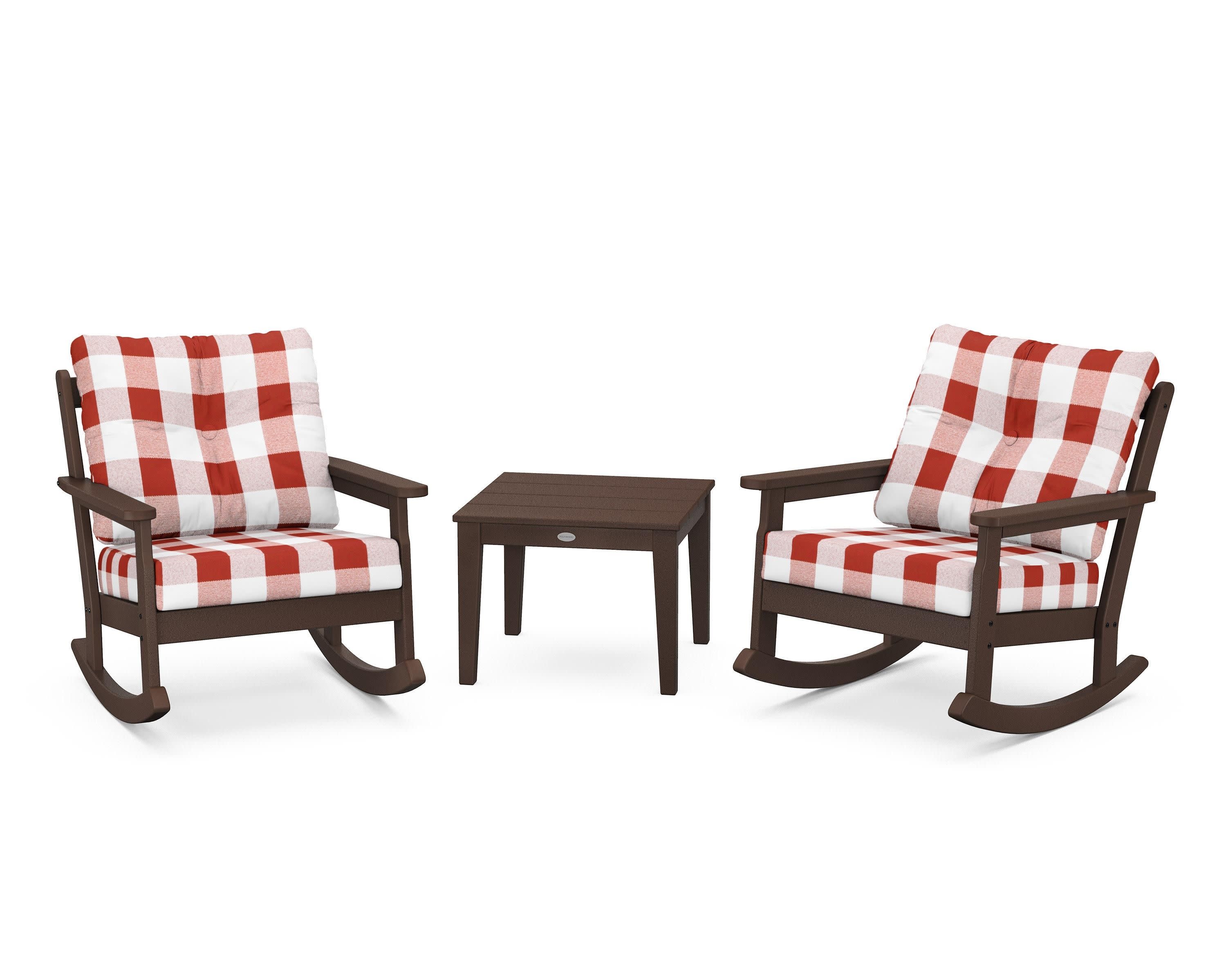 Vineyard 3-Piece Deep Seating Rocker Set in Mahogany / Buffalo Plaid Crimson