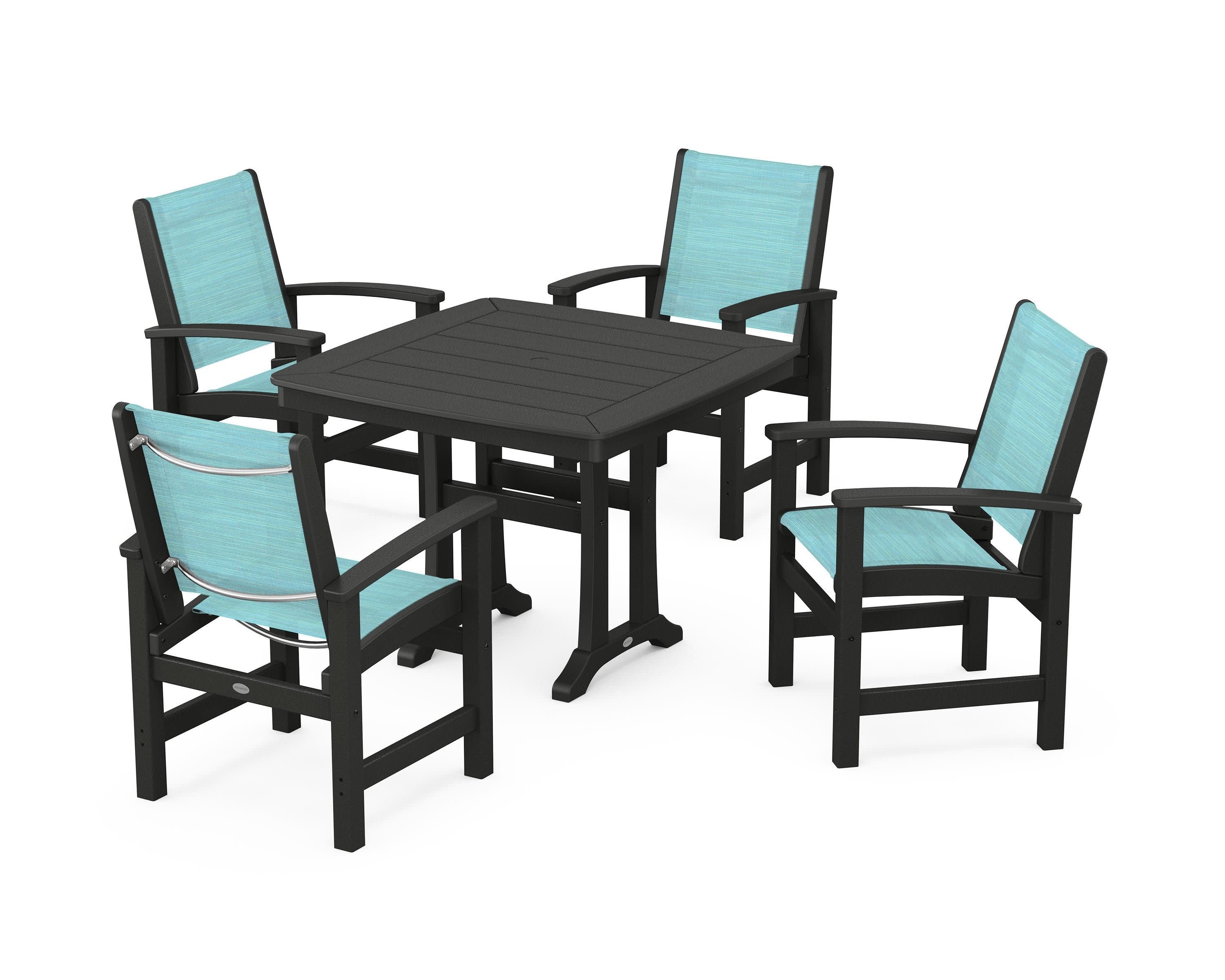 Coastal 5-Piece Dining Set with Trestle Legs in Black / Dupioni Aquamarine Sling
