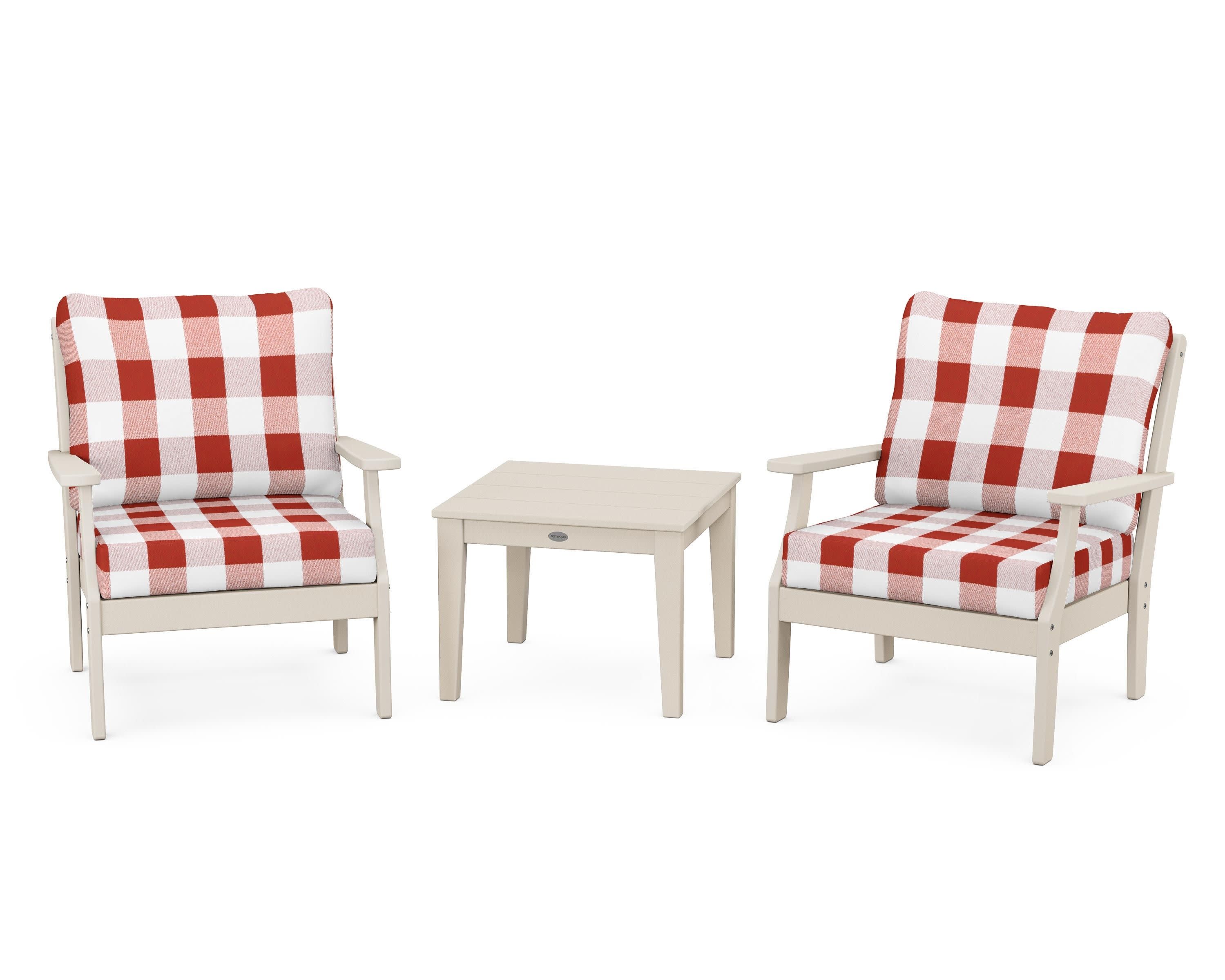 Braxton 3-Piece Deep Seating Set in Sand / Buffalo Plaid Crimson