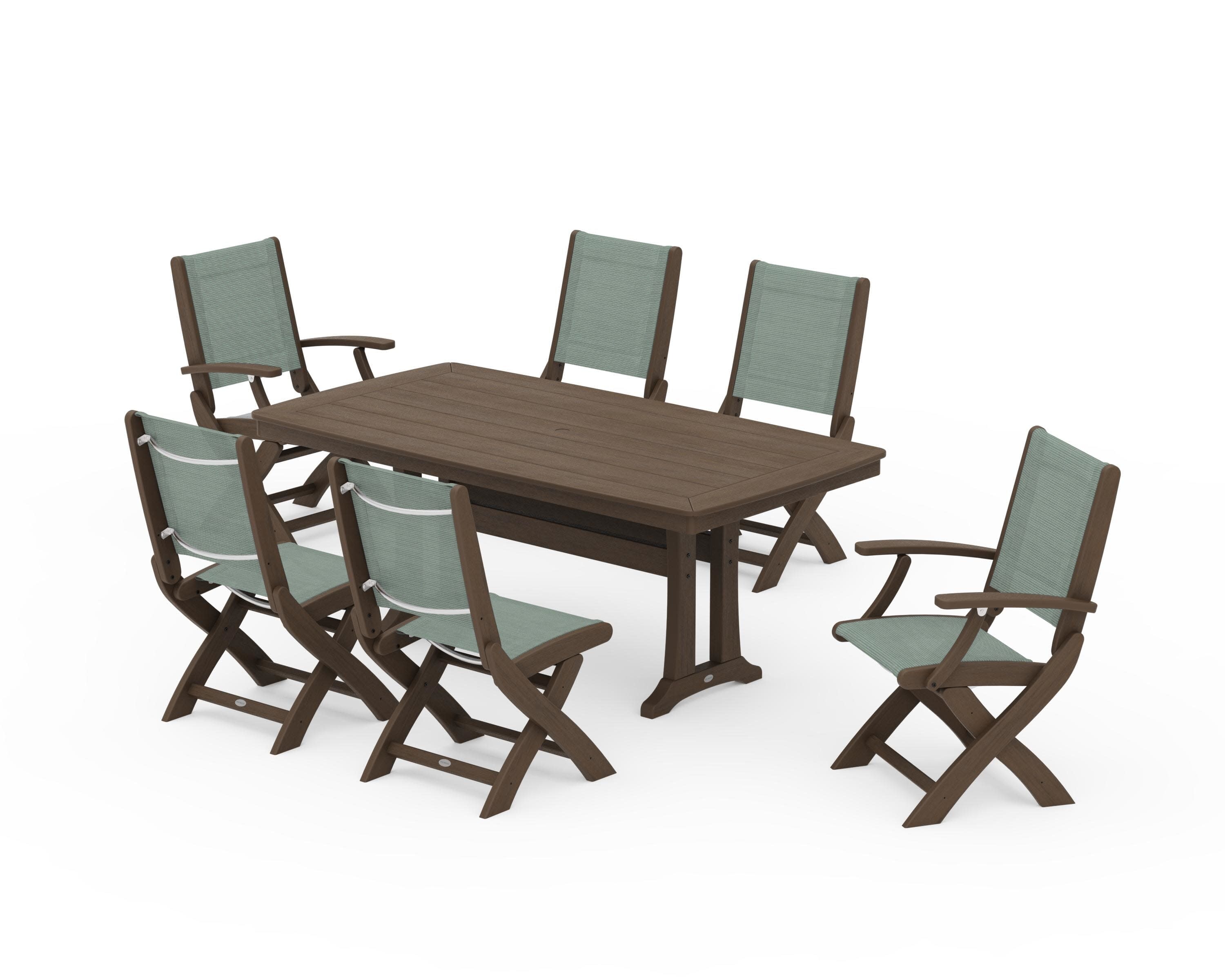 Coastal Folding Chair 7-Piece Dining Set with Trestle Legs in Kona / Dupioni Sea Mist Sling