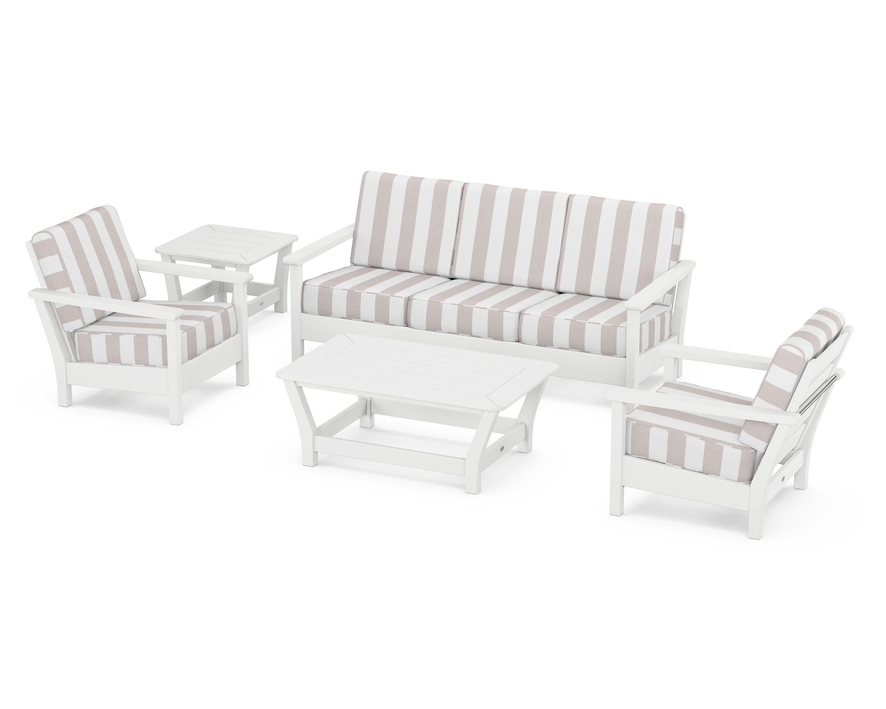 Harbour 5-Piece Deep Seating Set in White / Cabana Stripe Dune Burlap
