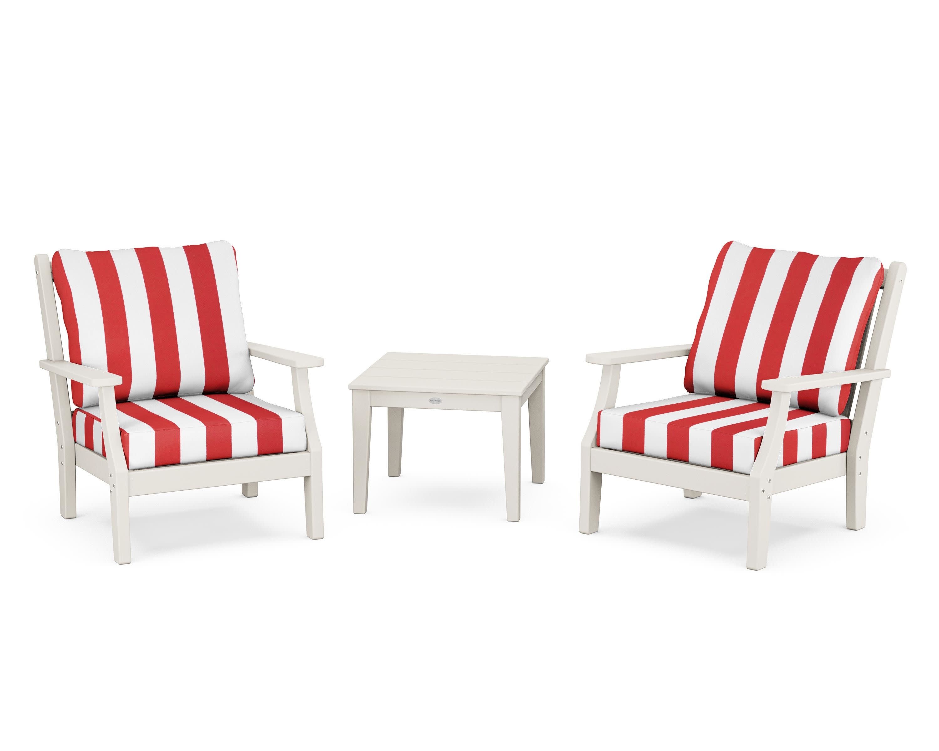 Wovendale 3-Piece Deep Seating Set in Sand / Cabana Stripe Crimson
