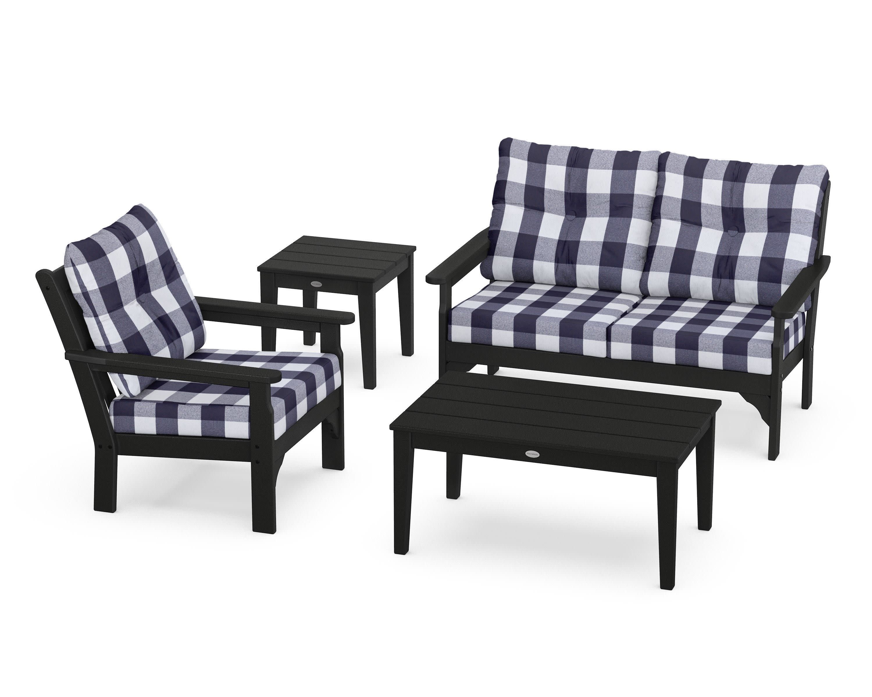 Vineyard 4-Piece Deep Seating Set in Black / Buffalo Plaid Navy