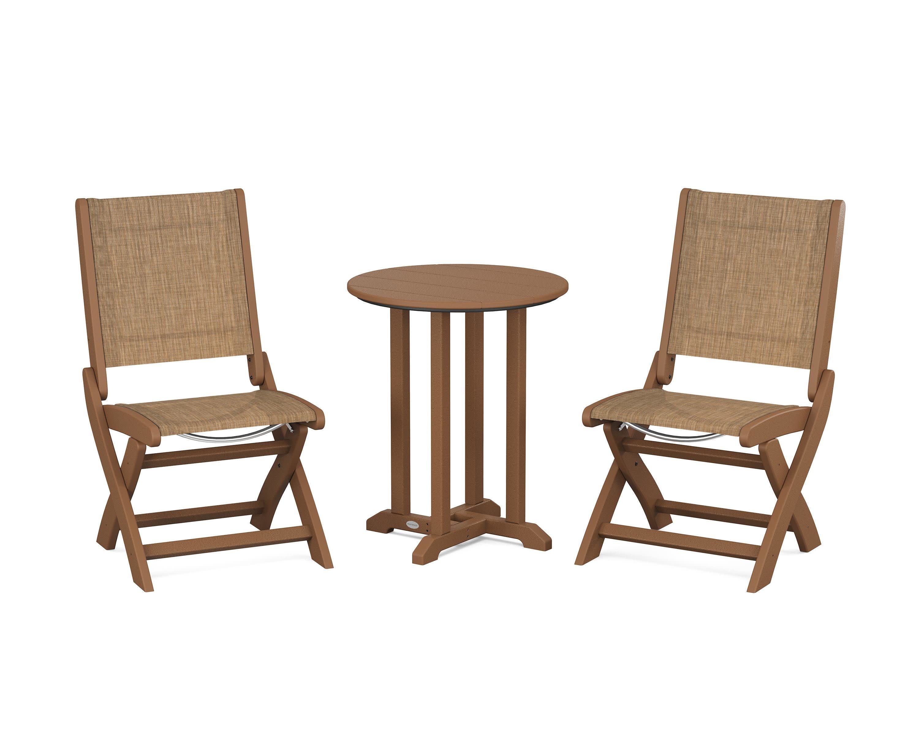 Coastal Folding Side Chair 3-Piece Round Bistro Dining Set in Teak / Burlap Sling