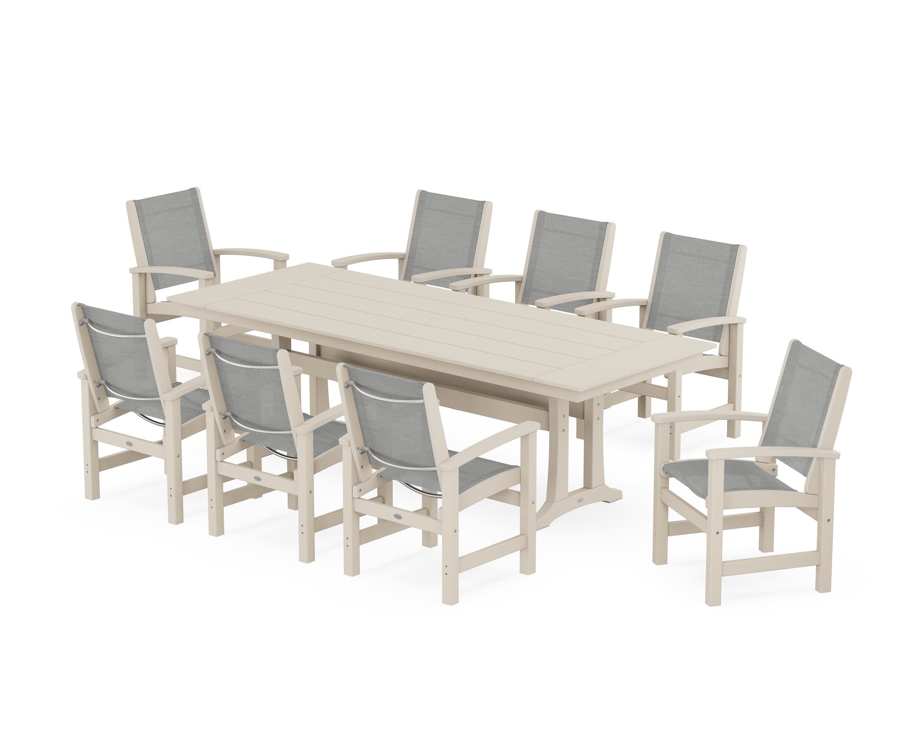 Coastal 9-Piece Farmhouse Dining Set with Trestle Legs in Sand / Metallic Sling