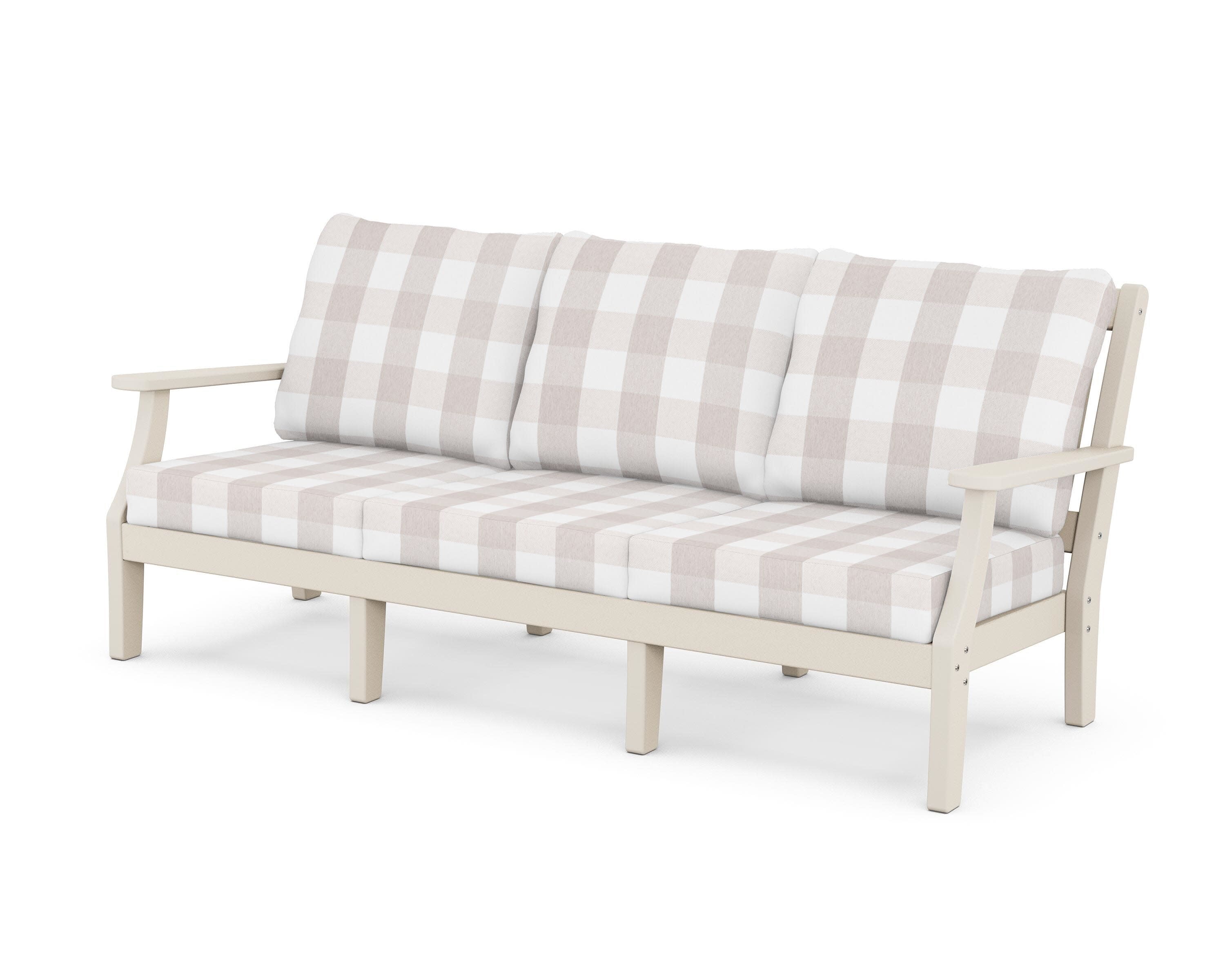 Chinoiserie Deep Seating Sofa in Sand / Buffalo Plaid Dune Burlap