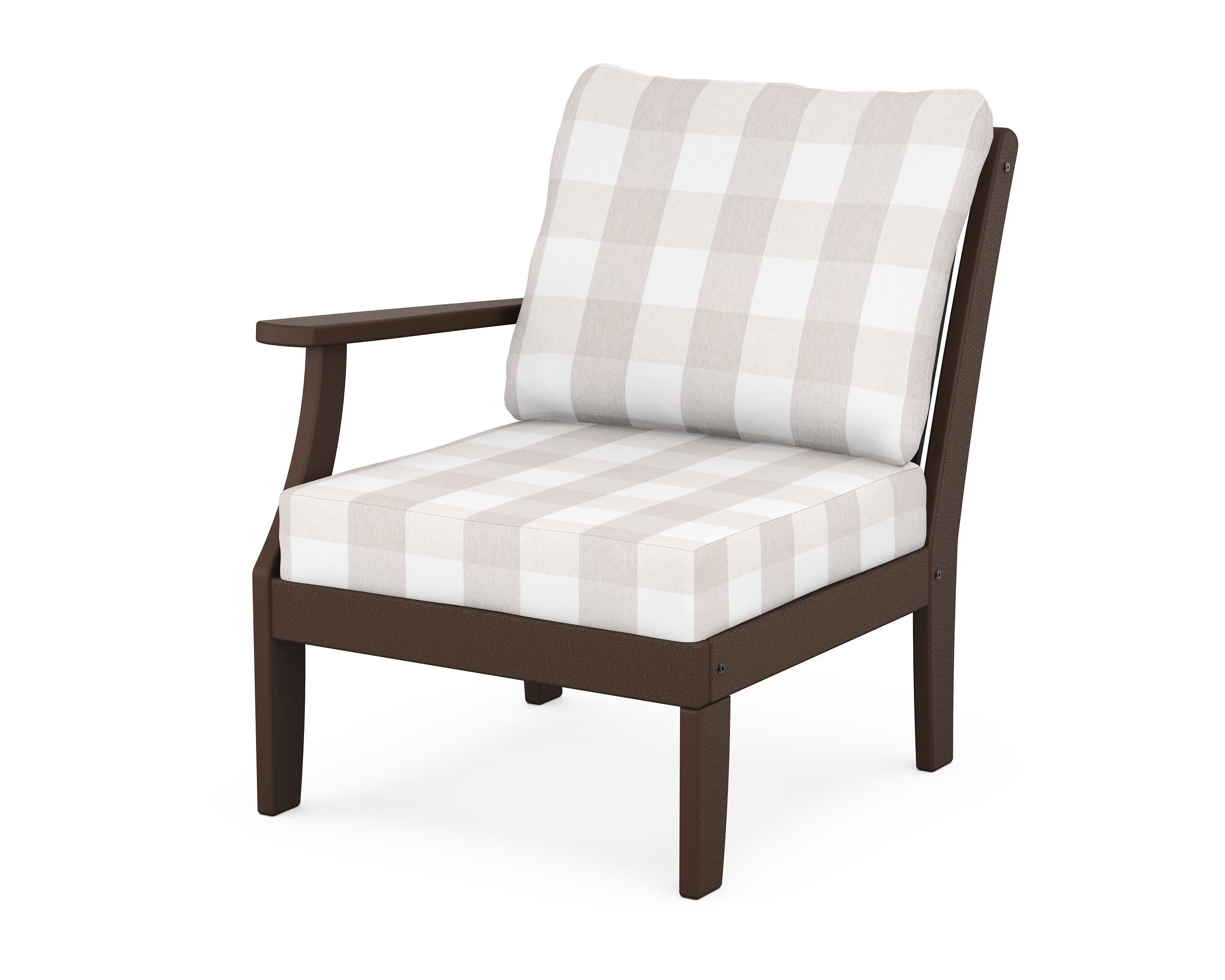 Braxton Modular Left Arm Chair in Mahogany / Buffalo Plaid Dune Burlap
