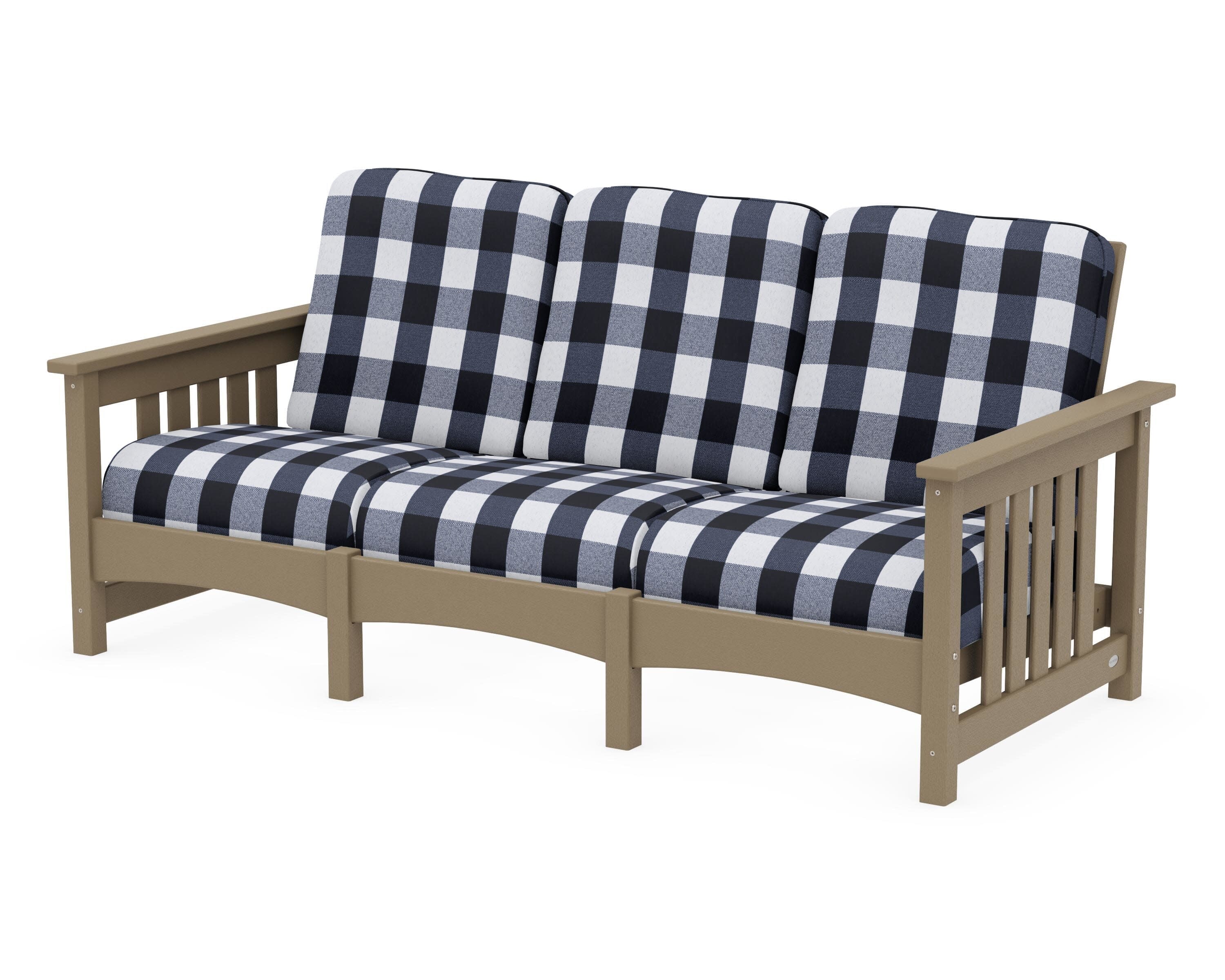 Club Mission Sofa in Vintage Sahara / Buffalo Plaid Marine Indigo