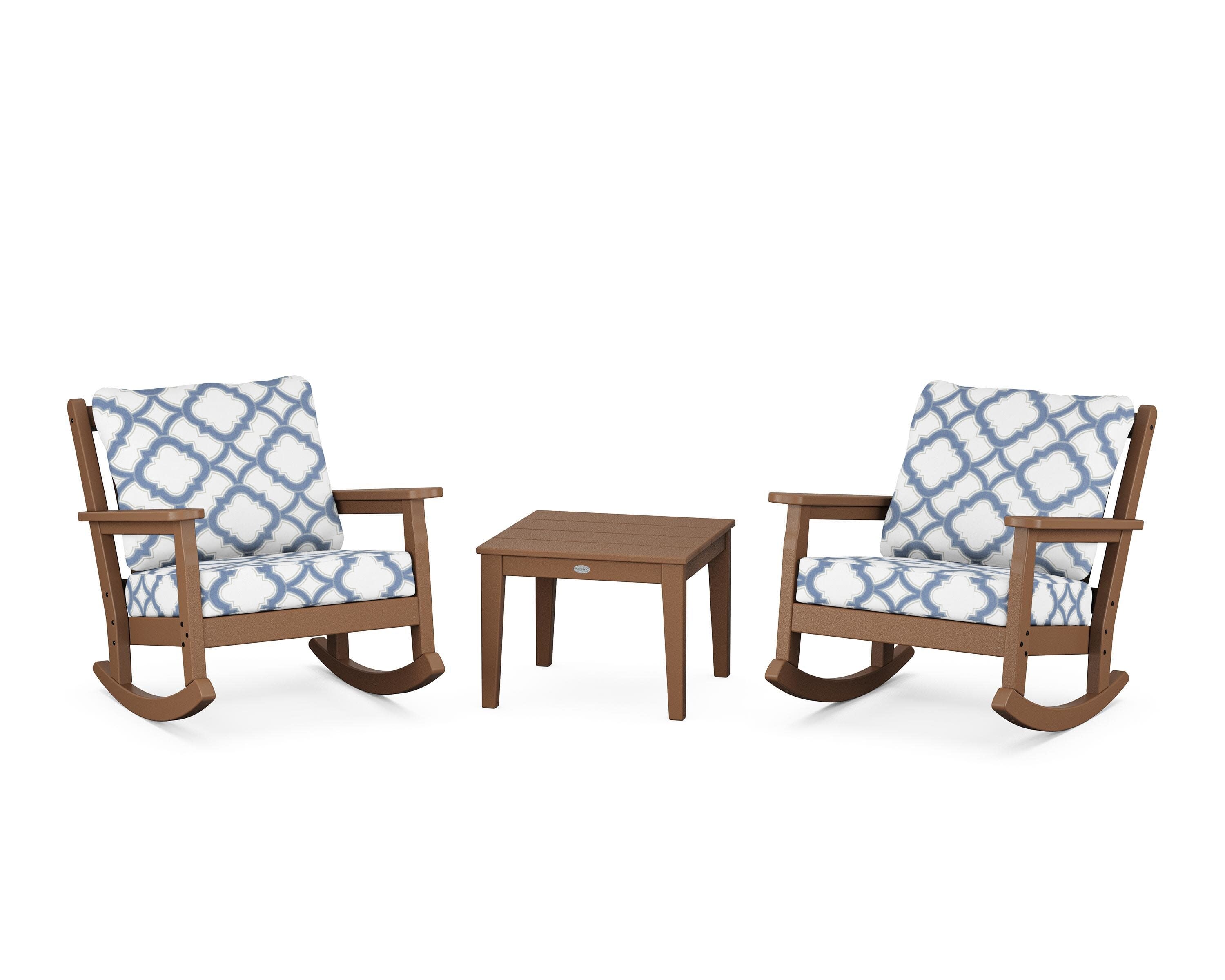 Chippendale 3-Piece Deep Seating Rocker Set in Teak / Trellis Sky Blue