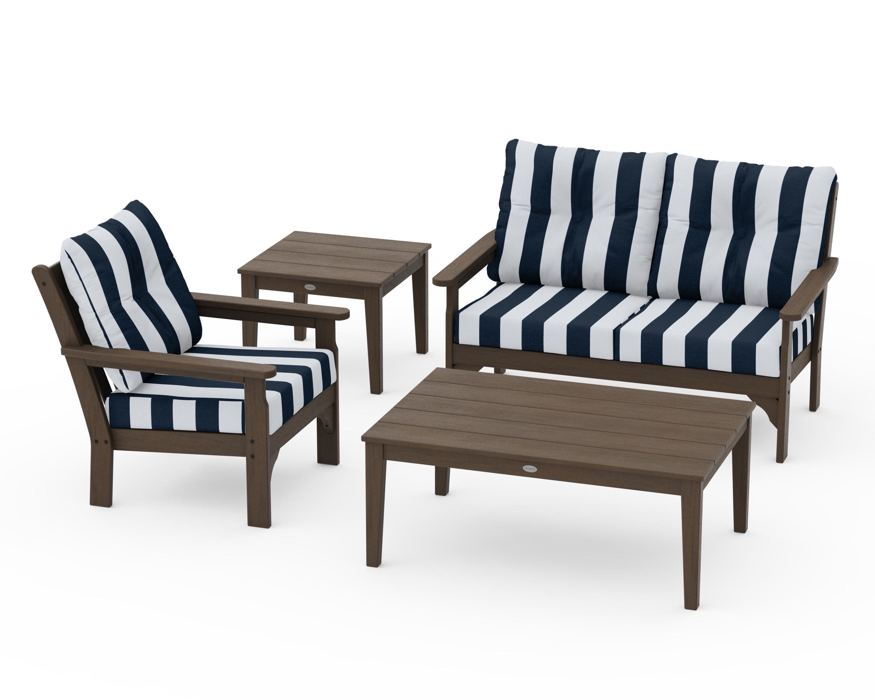 Vineyard 4-Piece Deep Seating Set in Kona / Cabana Stripe Marine Indigo