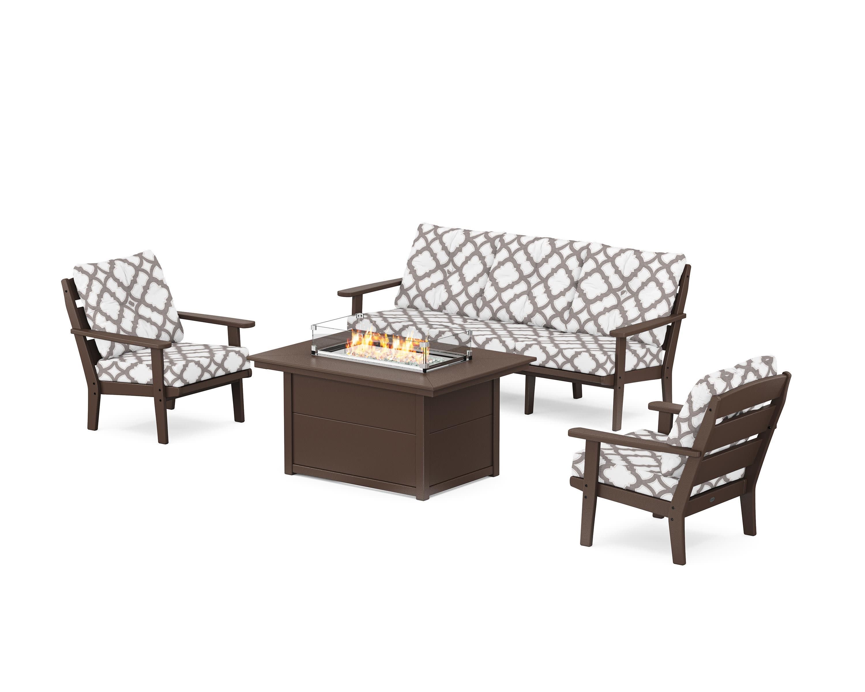 Lakeside Deep Seating Fire Pit Table Set in Mahogany / Trellis Grey Mist