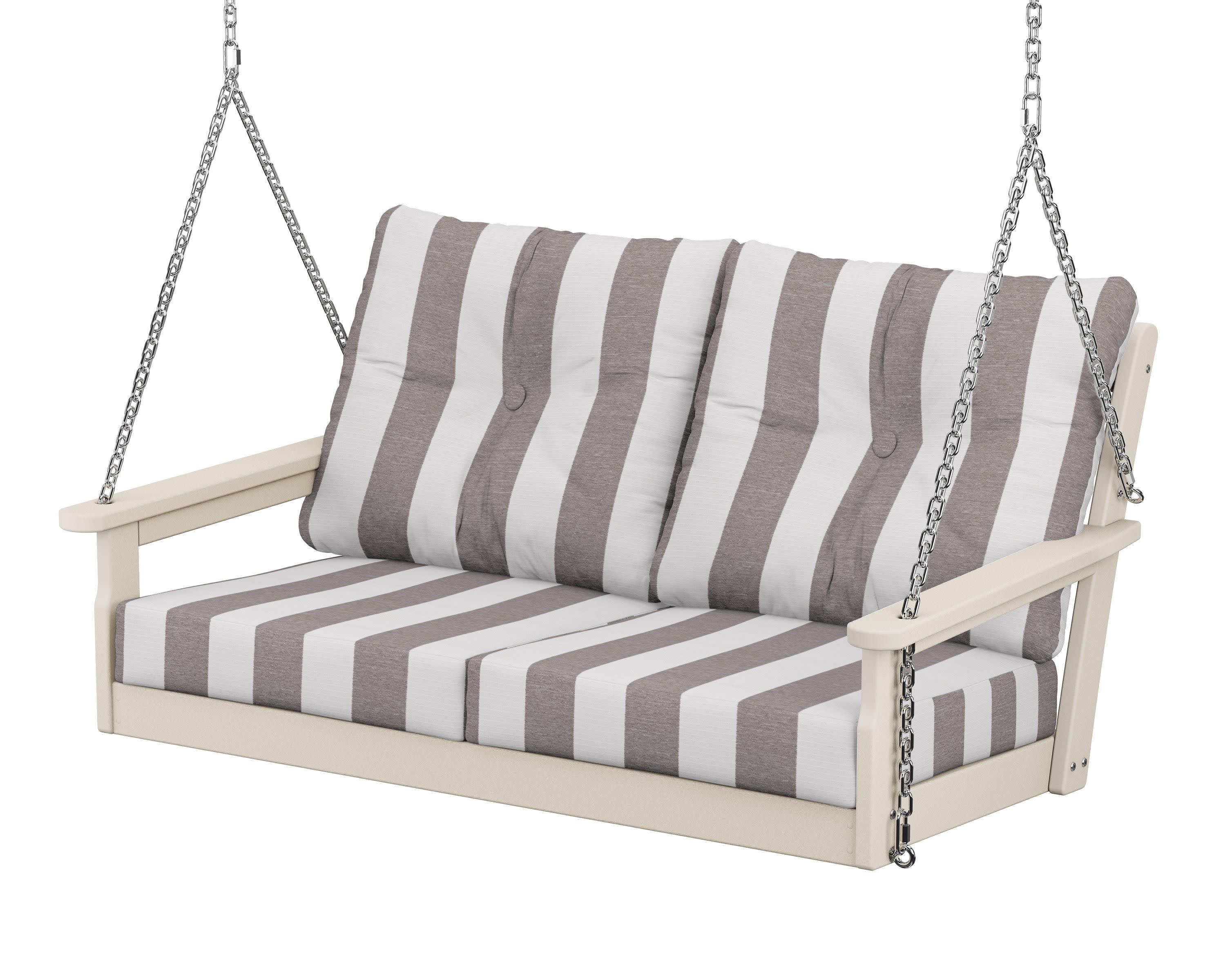 Vineyard Deep Seating Swing in Sand / Cabana Stripe Grey Mist