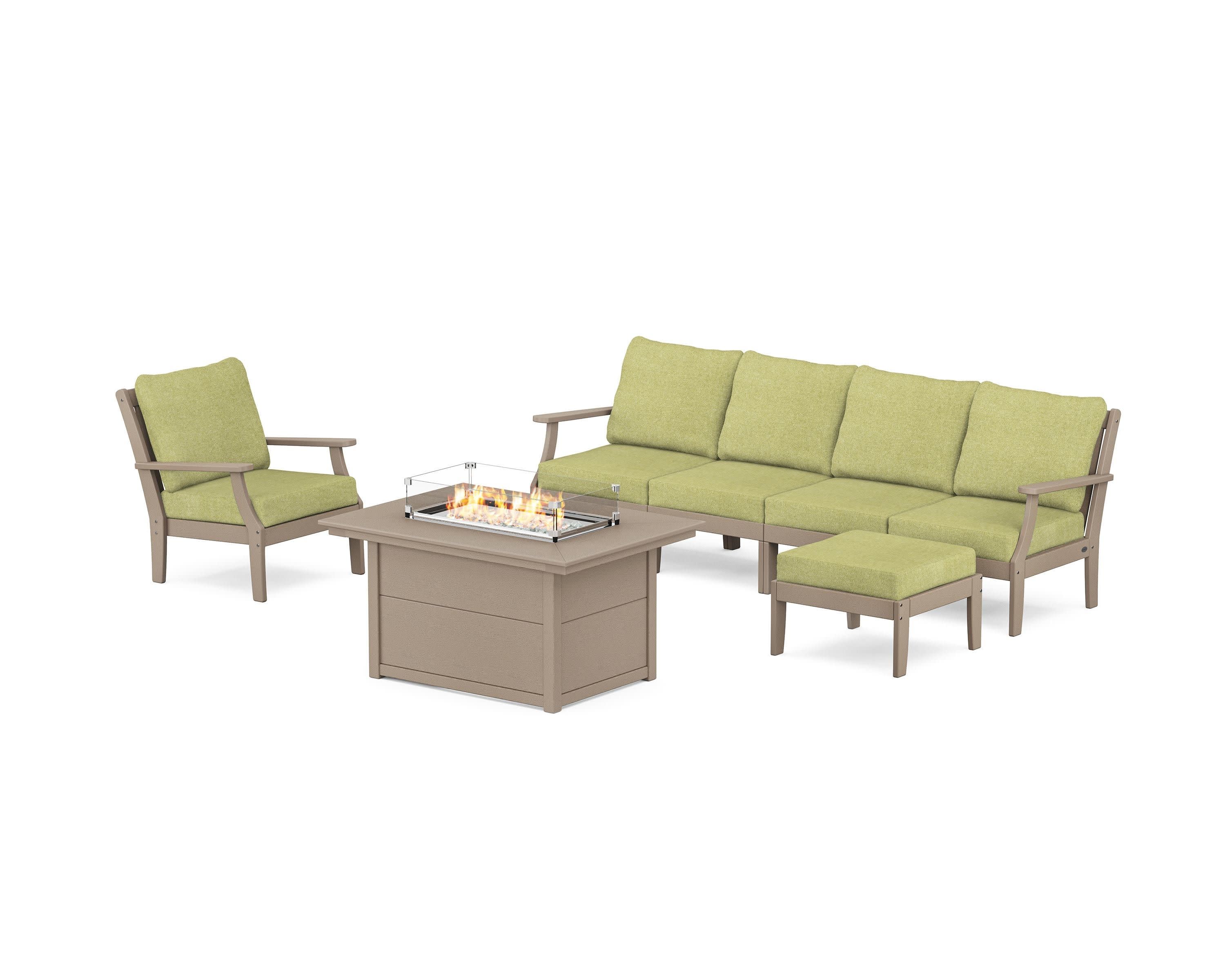 Braxton Sectional Lounge and Fire Pit Set in Vintage Sahara / Chartreuse Boucle