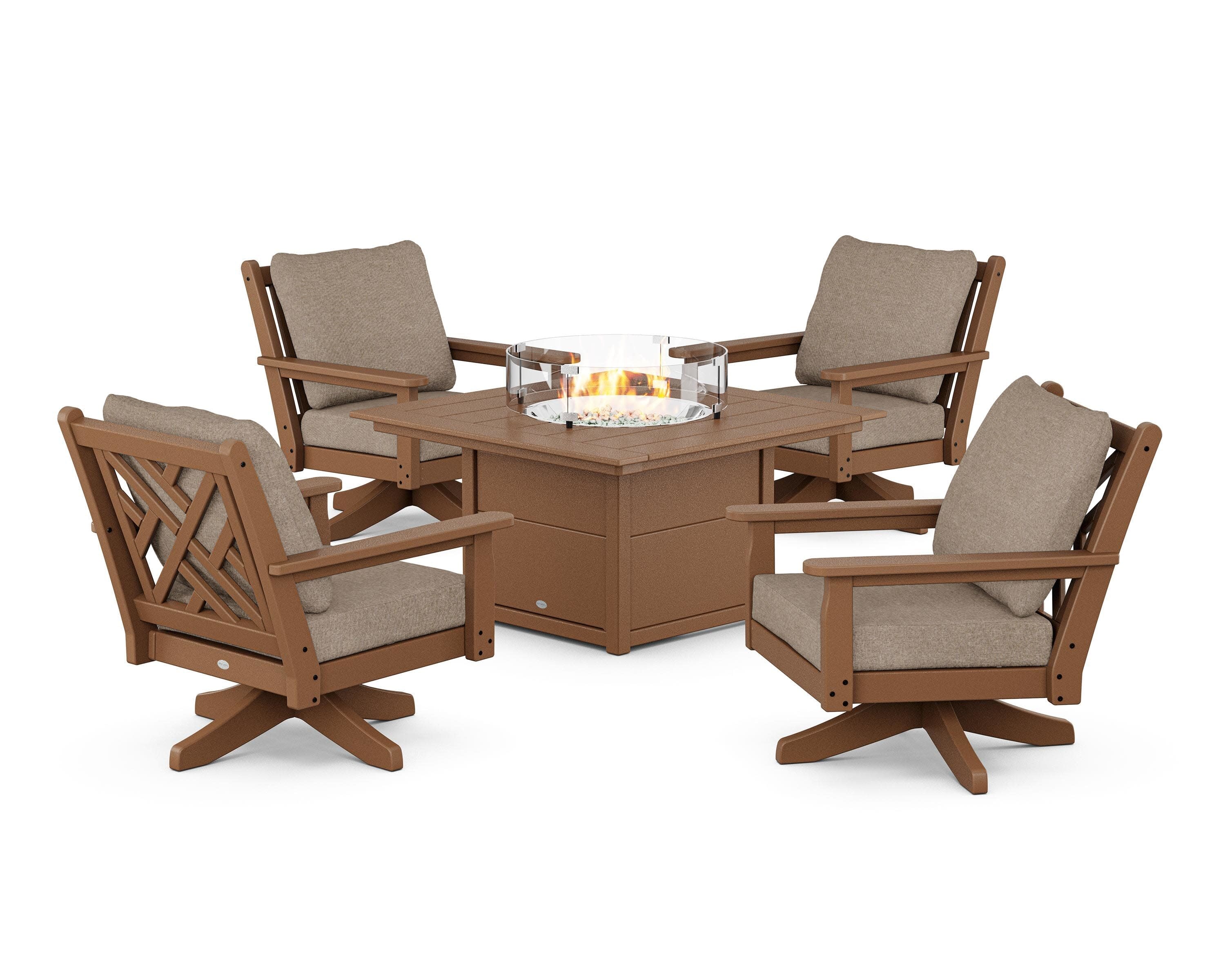 Chippendale 5-Piece Deep Seating Swivel Conversation Set with Fire Pit Table in Teak / Spiced Burlap