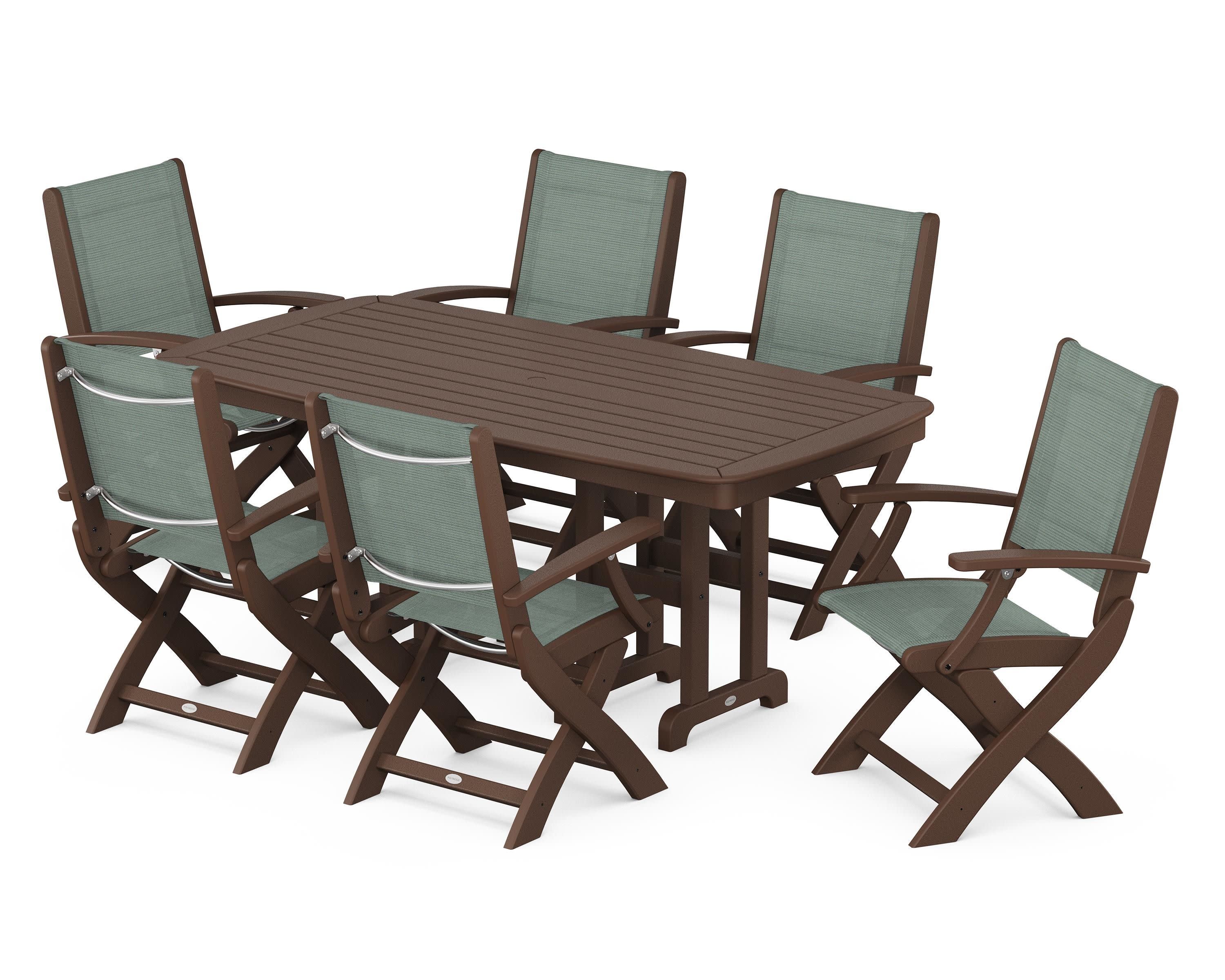 Coastal Folding Arm Chair 7-Piece Dining Set in Mahogany / Dupioni Sea Mist Sling