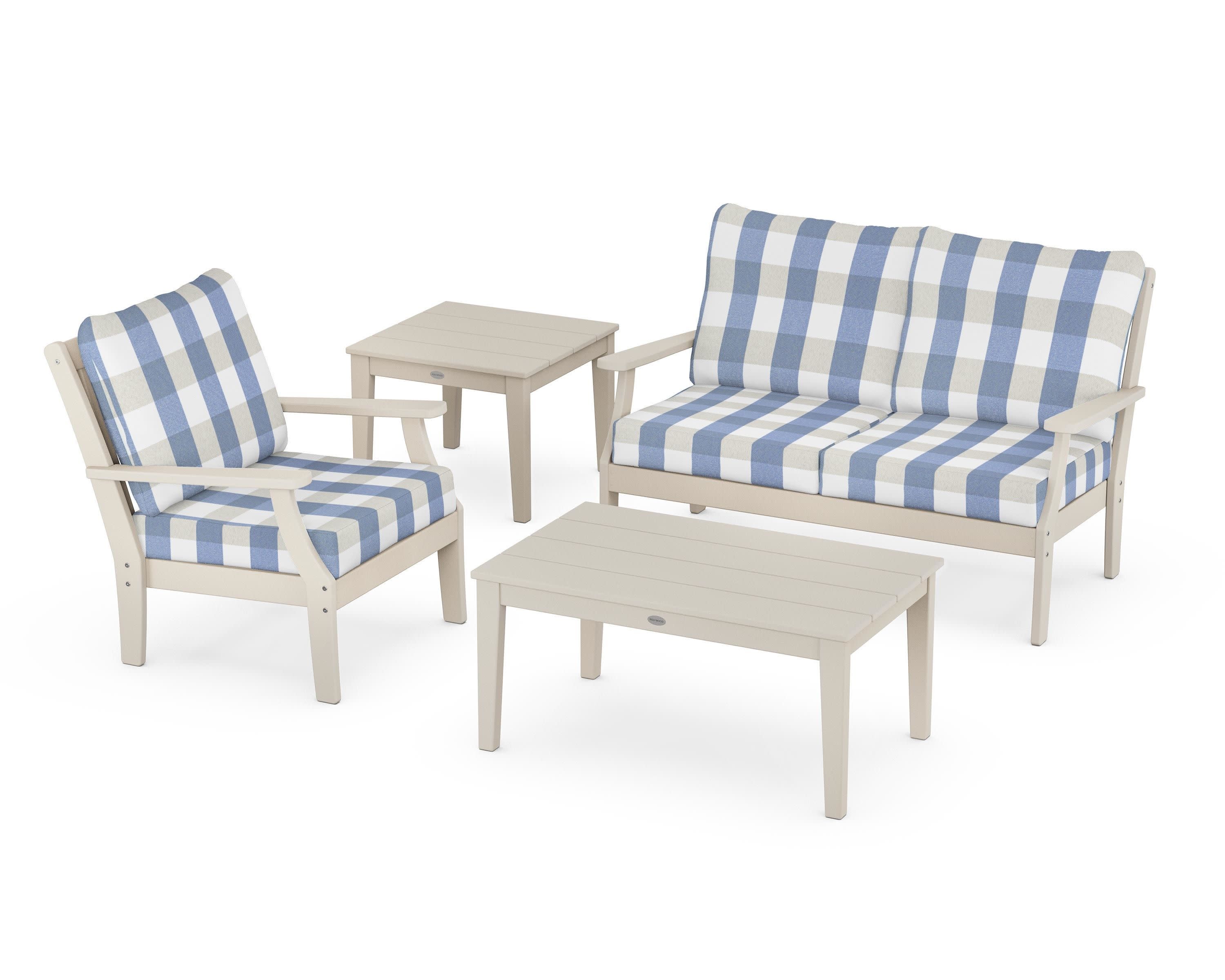 Braxton 4-Piece Deep Seating Set in Sand / Buffalo Plaid Sky Blue